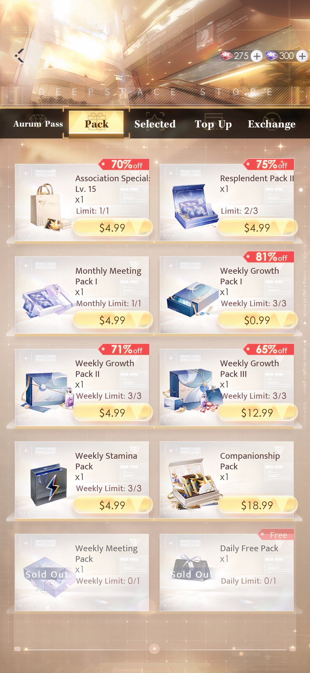 Love And Deepspace: An image of the Pack Shop Page