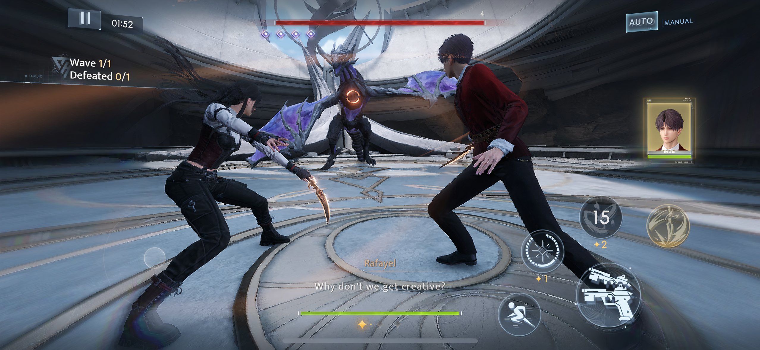 Love And Deepspace: An image of the player and Rafayel battling a Wanderer in the Hunter Contest