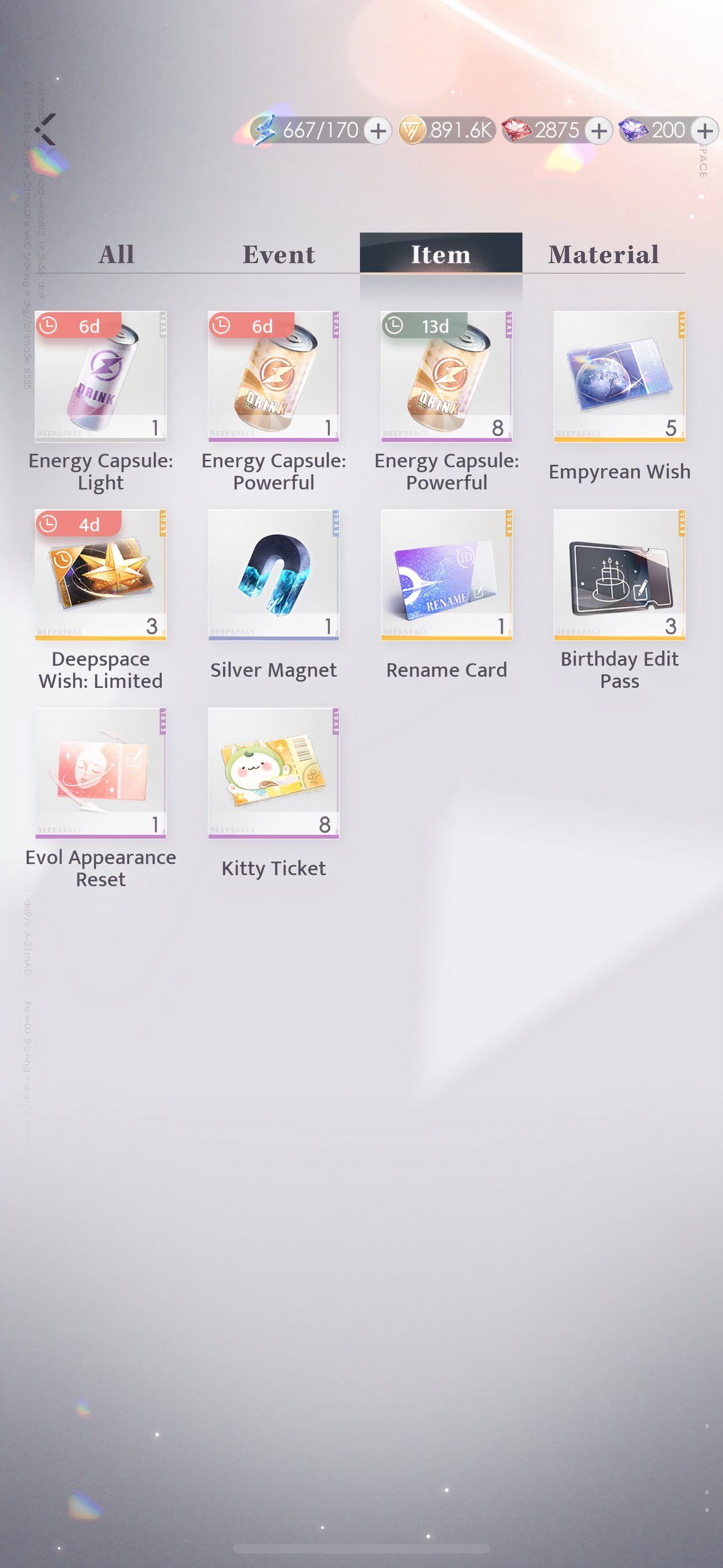 Love And Deepspace: An image of the player inventory.