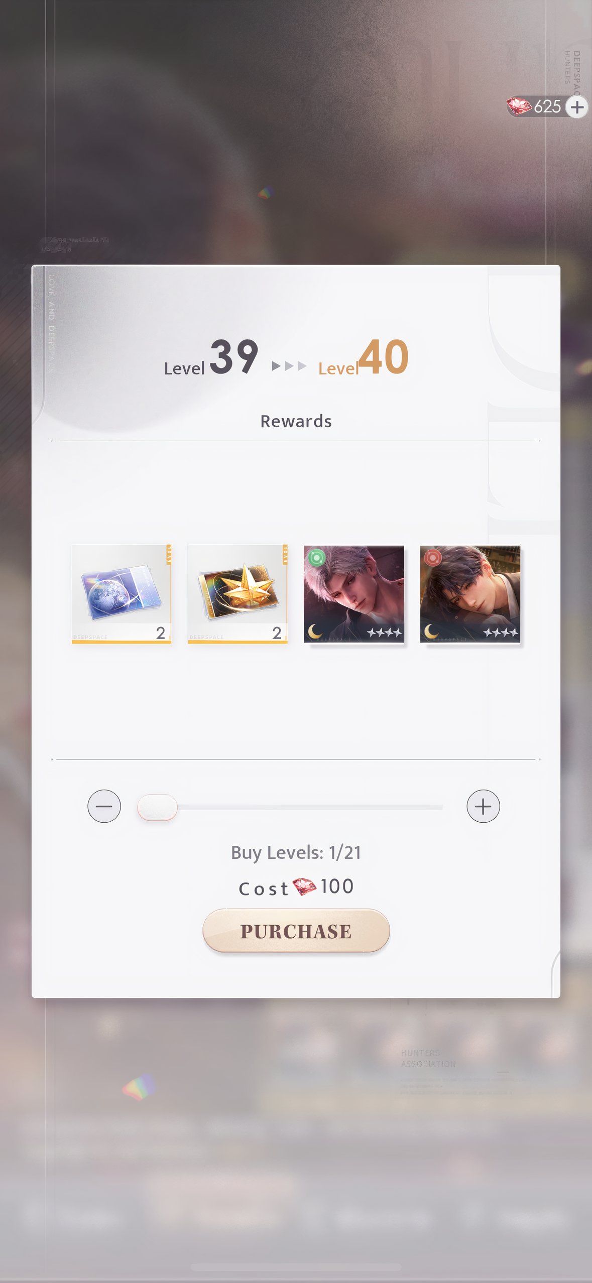 Love And Deepspace: An image of the purchase screen for levels in the Seasonal Promise Event