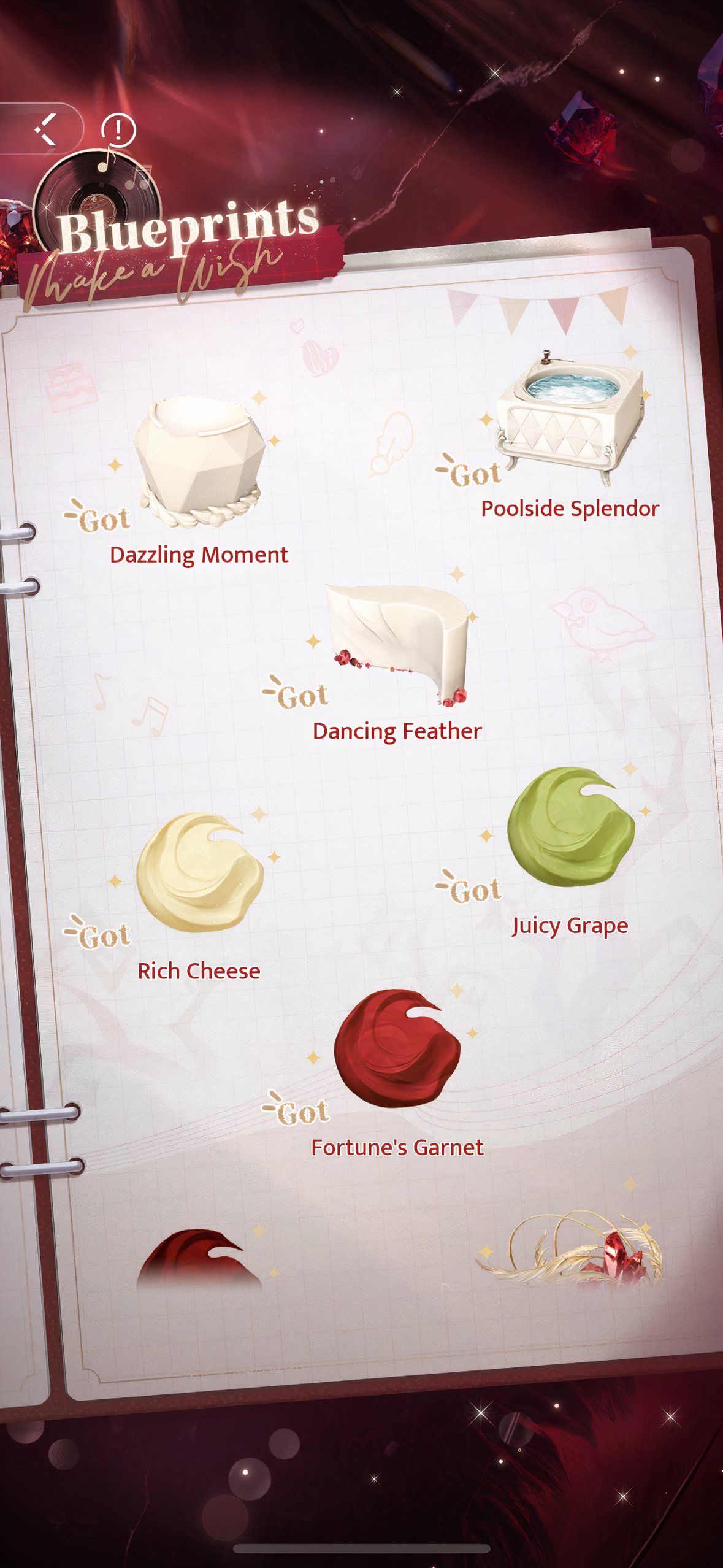 Love And Deepspace: The blueprints menu, showing several types of cake elements.