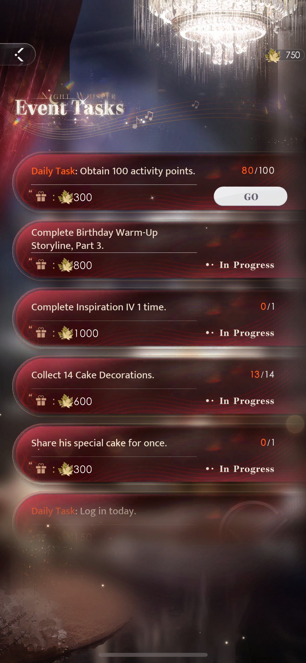 Love And Deepspace: The event tasks for Night Whisper.
