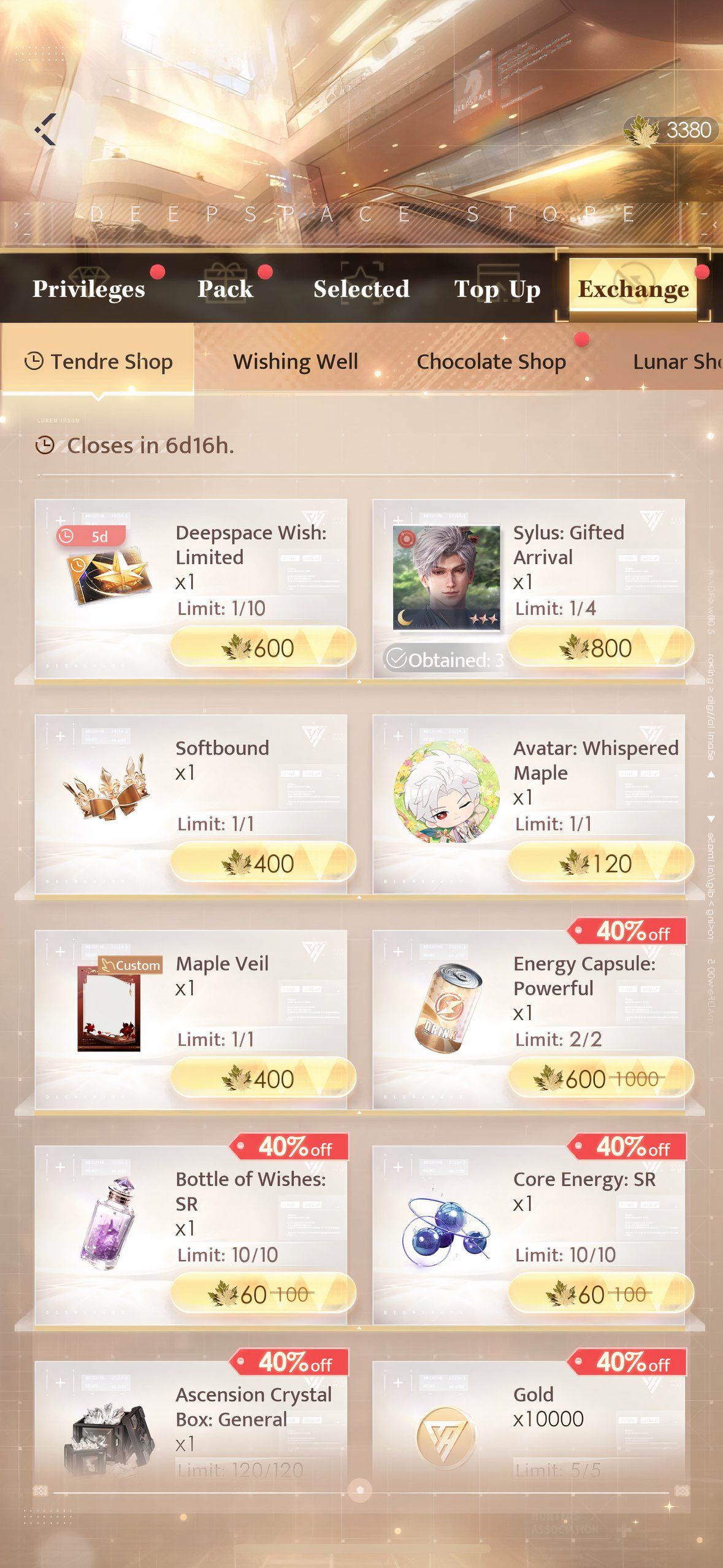 Love And Deepspace: The Tendre shop and the many items offered there.