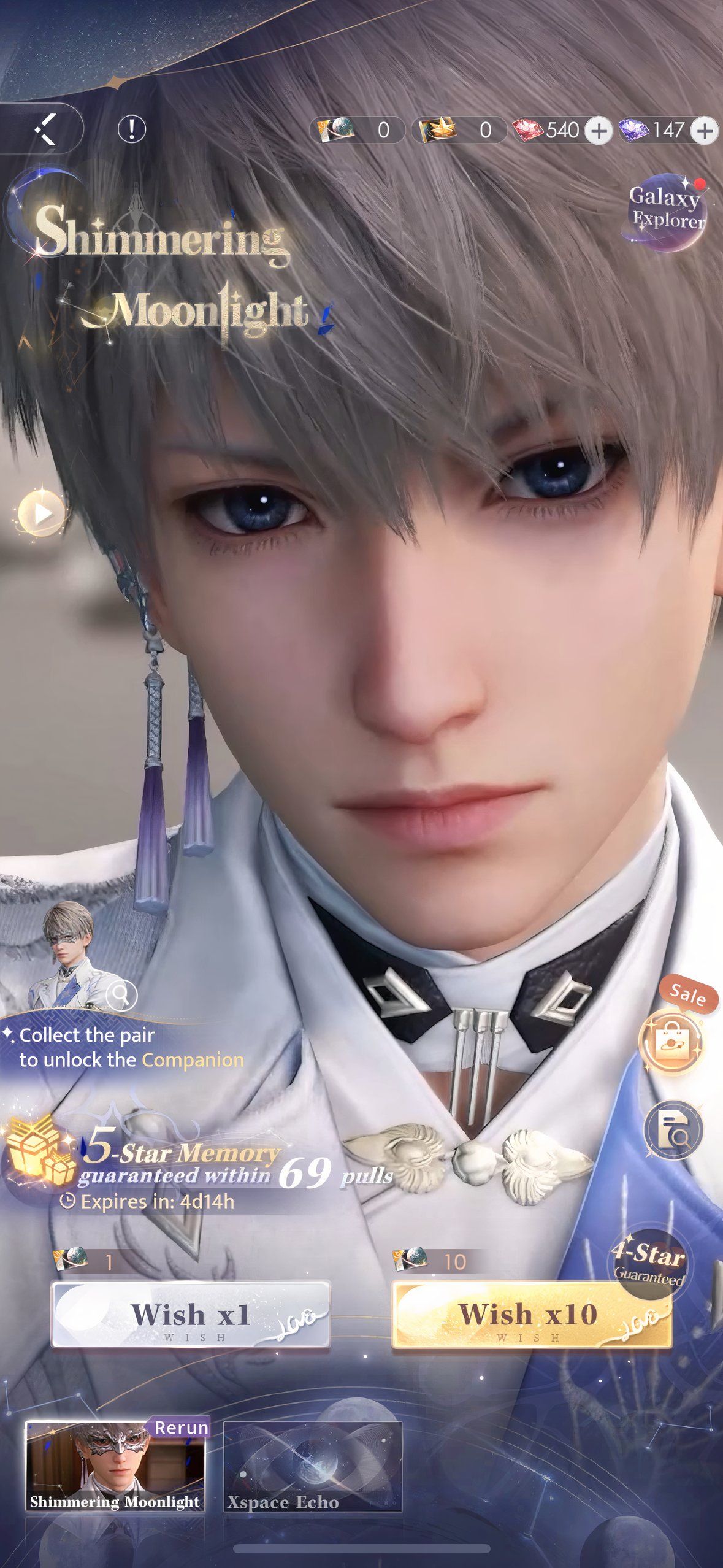 Love And Deepspace: Xavier in the Wish Poll screen for Shimmering Moonlight. 