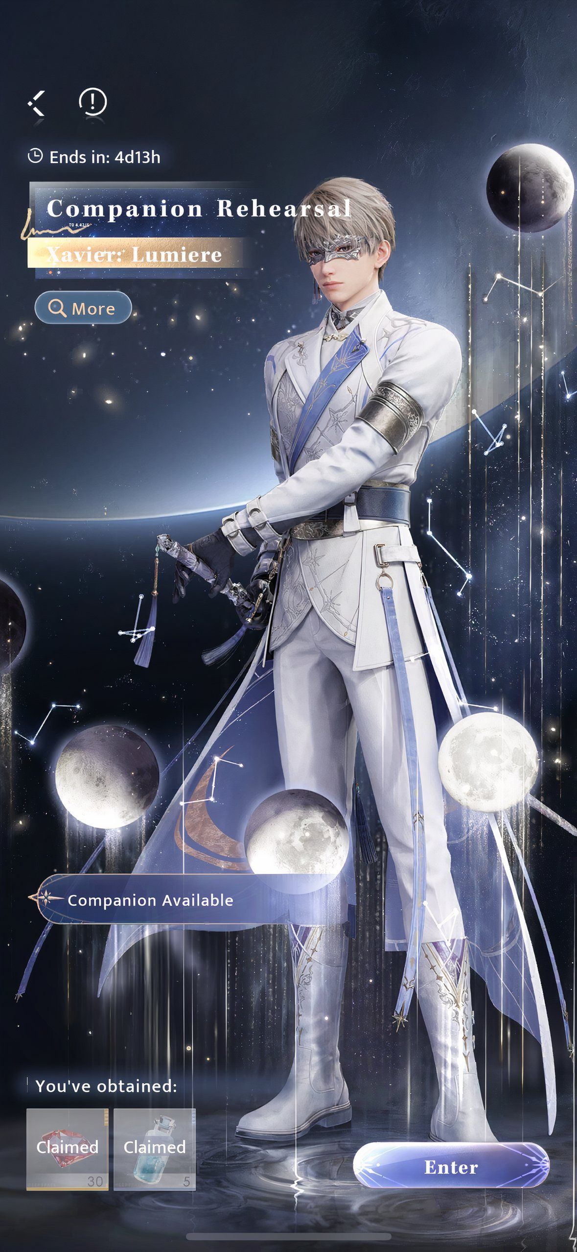 Love And Deepspace: Xavier Lumiere in a battle stance in the Companion Rehearsal screen.
