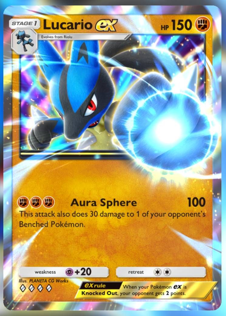 The Lucario ex card, from Shining Revelry in Pokemon TCG Pocket.