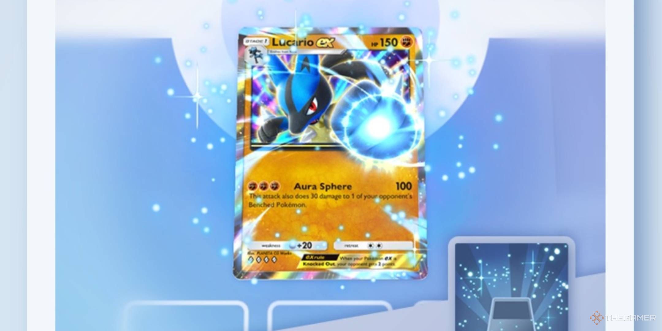 The Lucario ex card from Shining Revelry with the Tiny Twinkles (blue) flair on display.