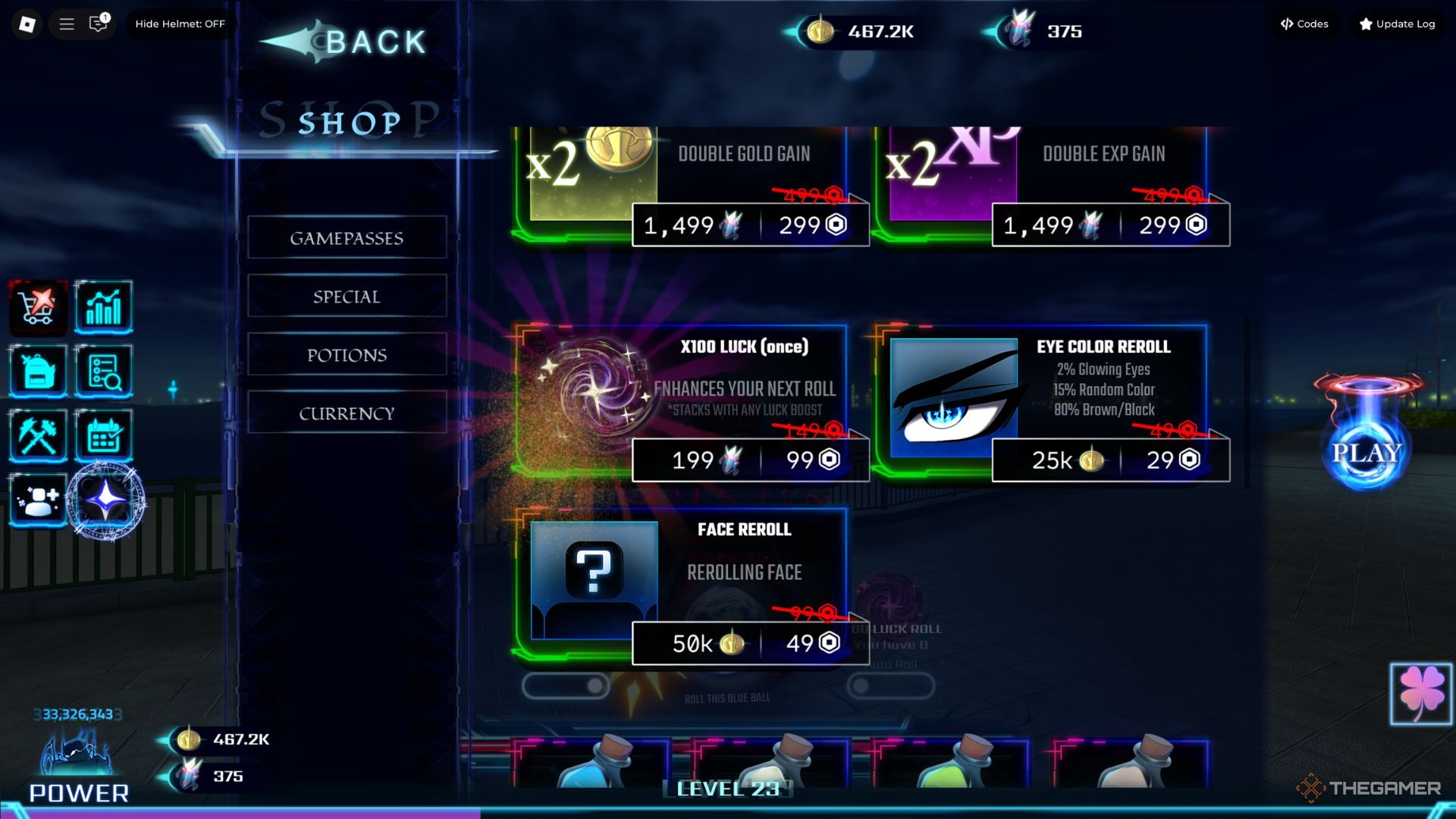 The player character shows a Luck Roll in the in-game store in Hunters.