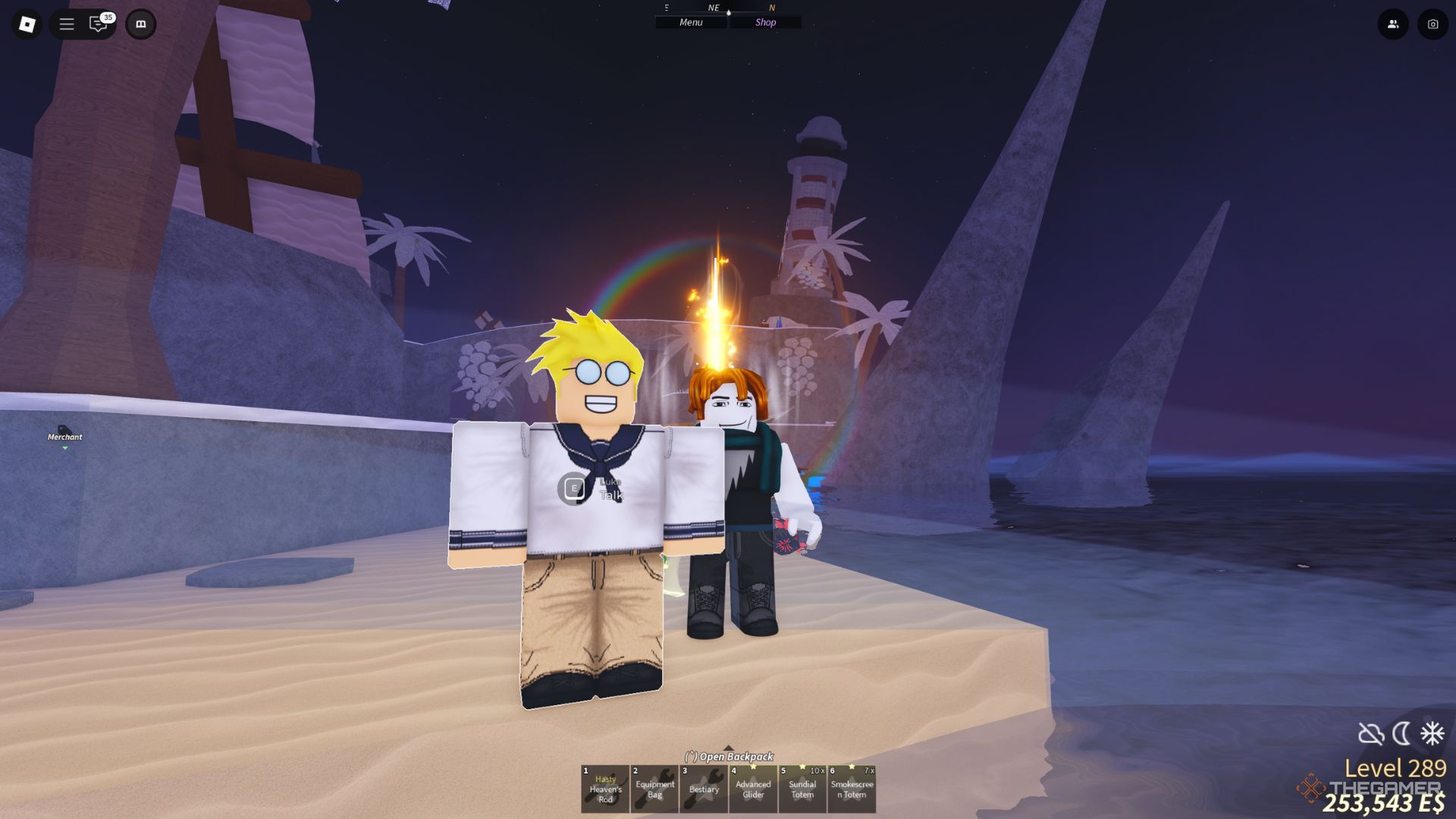 The player character shows the Luka NPC on the Isle of New Beginnings in the Second Sea location in Fisch.
