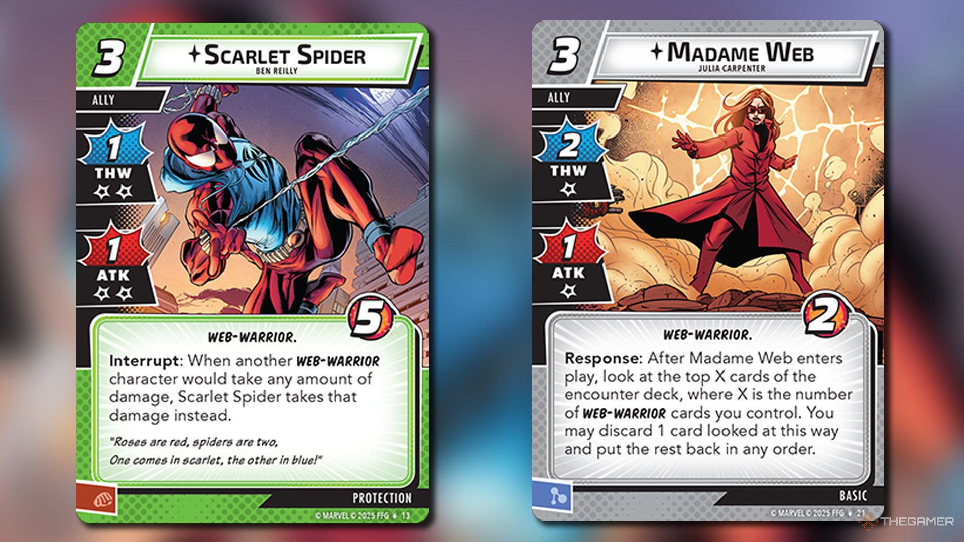 Madame Web and Scarlet Spider card from Marvel Champions.