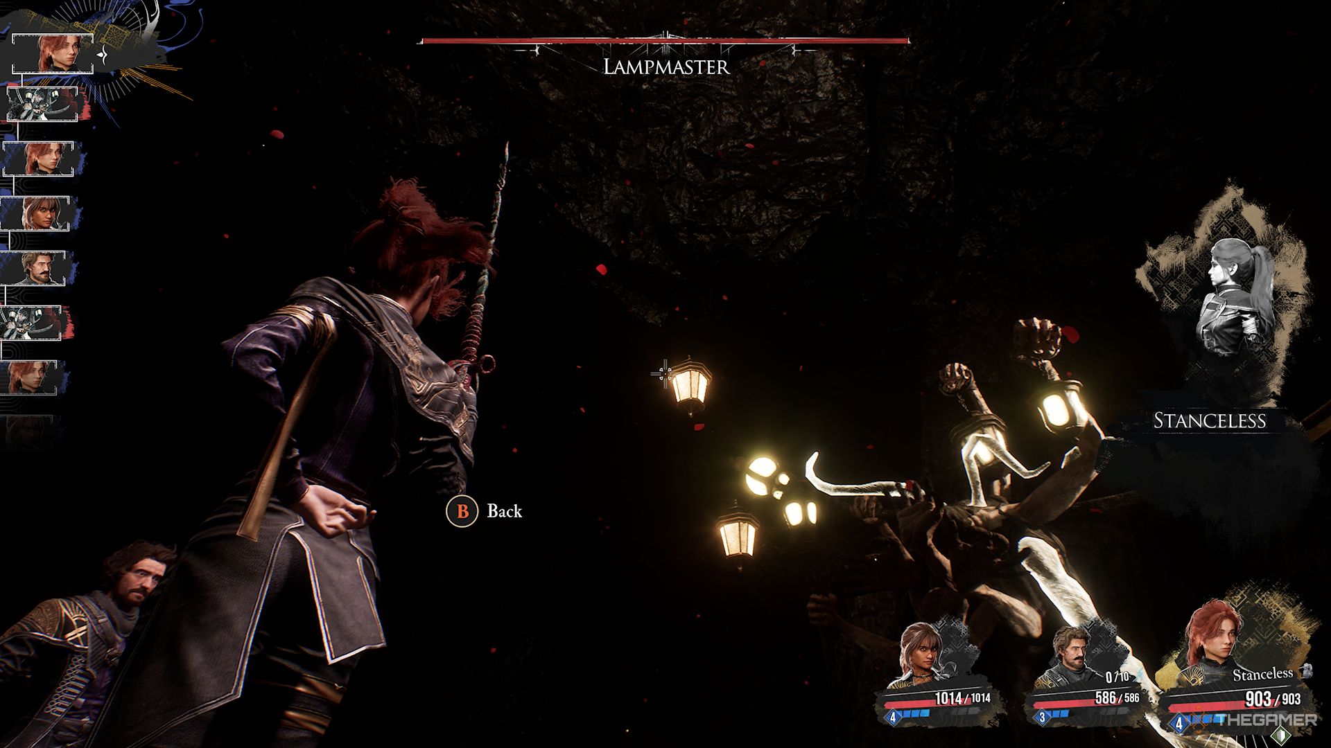 Maelle aiming at Lampmaster's lantern in Clair Obscur Expedition 33.