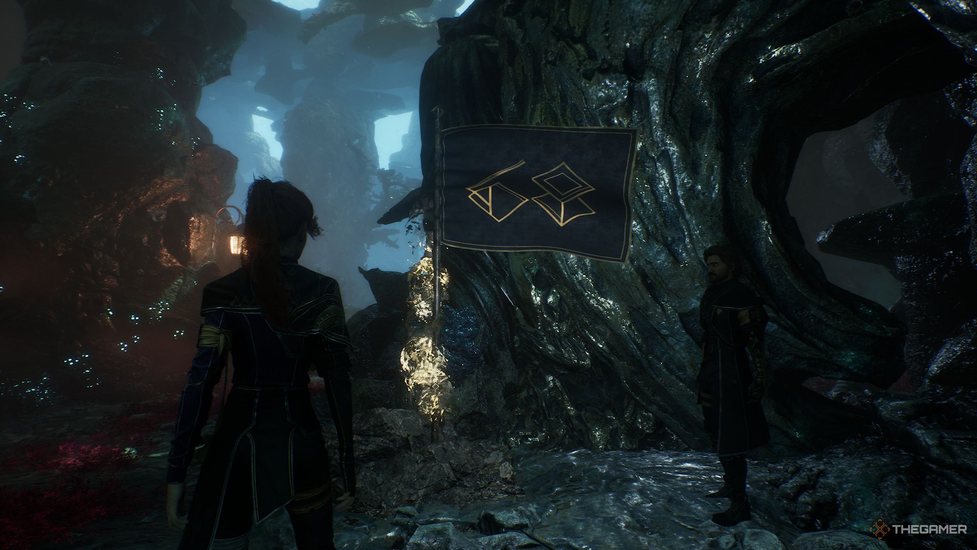 Maelle looking at an Expedition 68 flag in Clair Obscur Expedition 33.