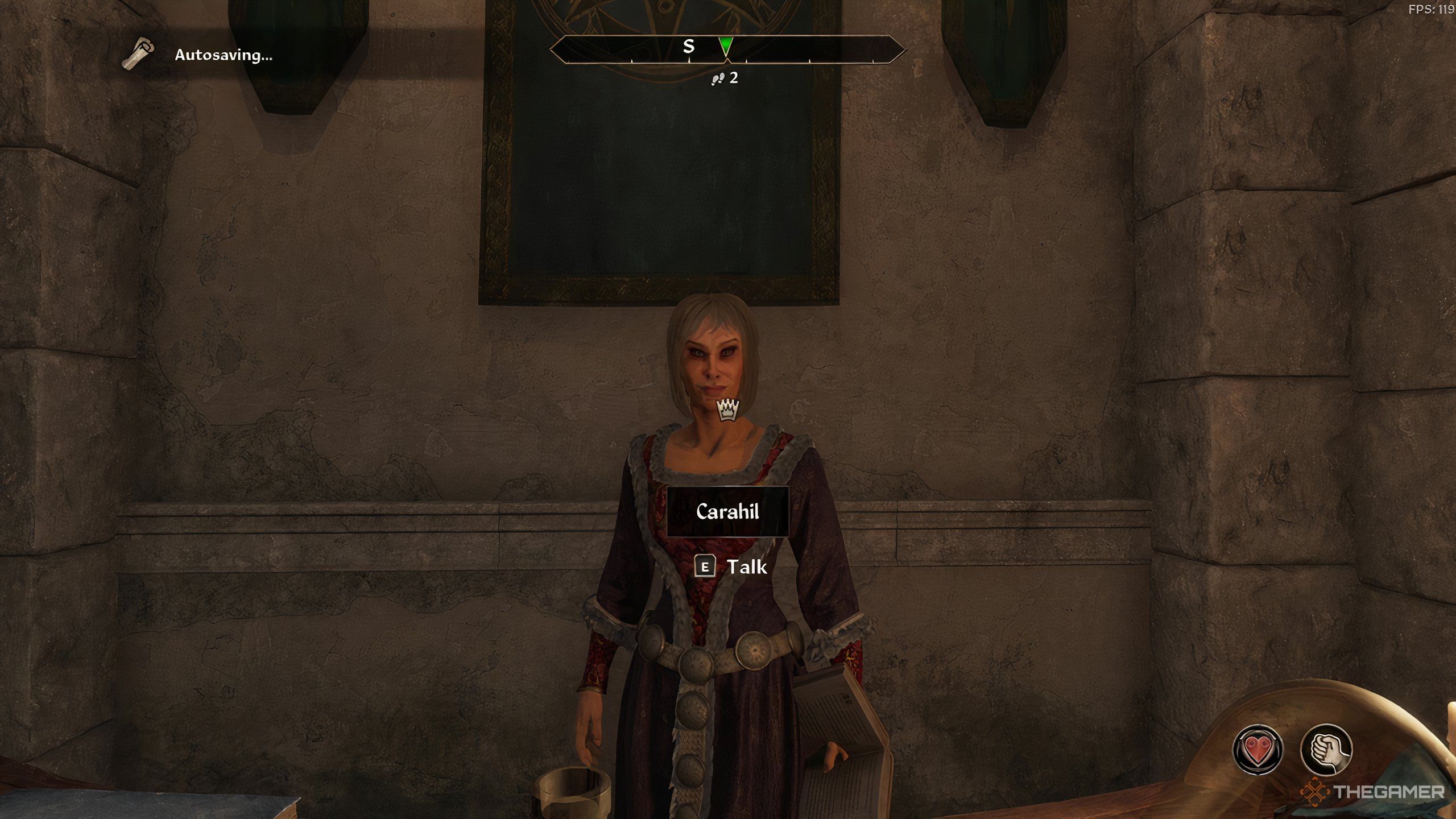 Mage's Gulid representative Carahil standing in the Anvil Guildhall in Oblivion Remastered.