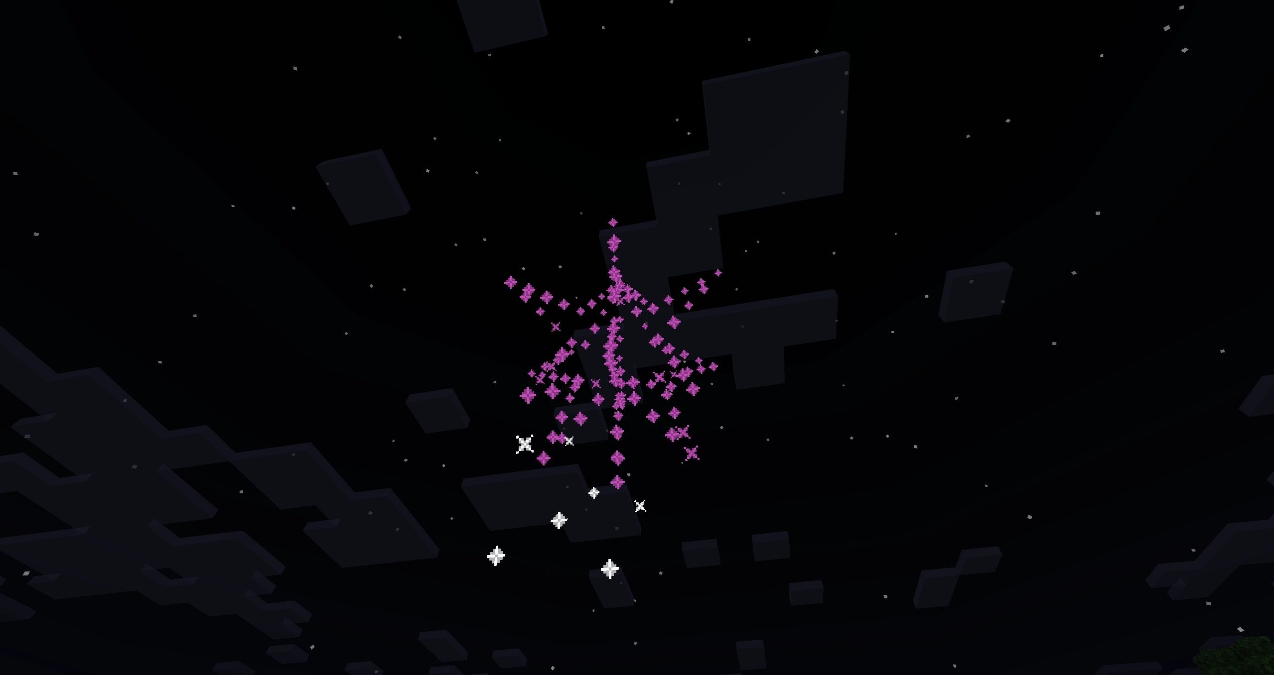A star-shaped explosion of magenta particles in the night sky kin Minecraft.