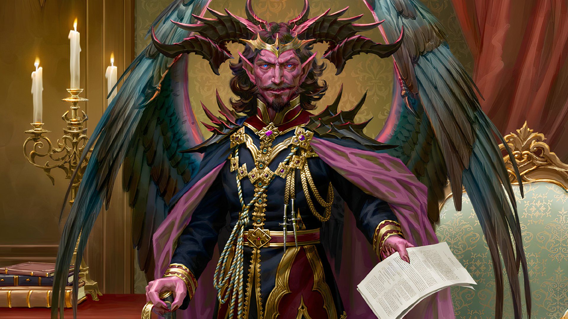 Male devil with feathered wings, a moustache, and a beard holding out a contract