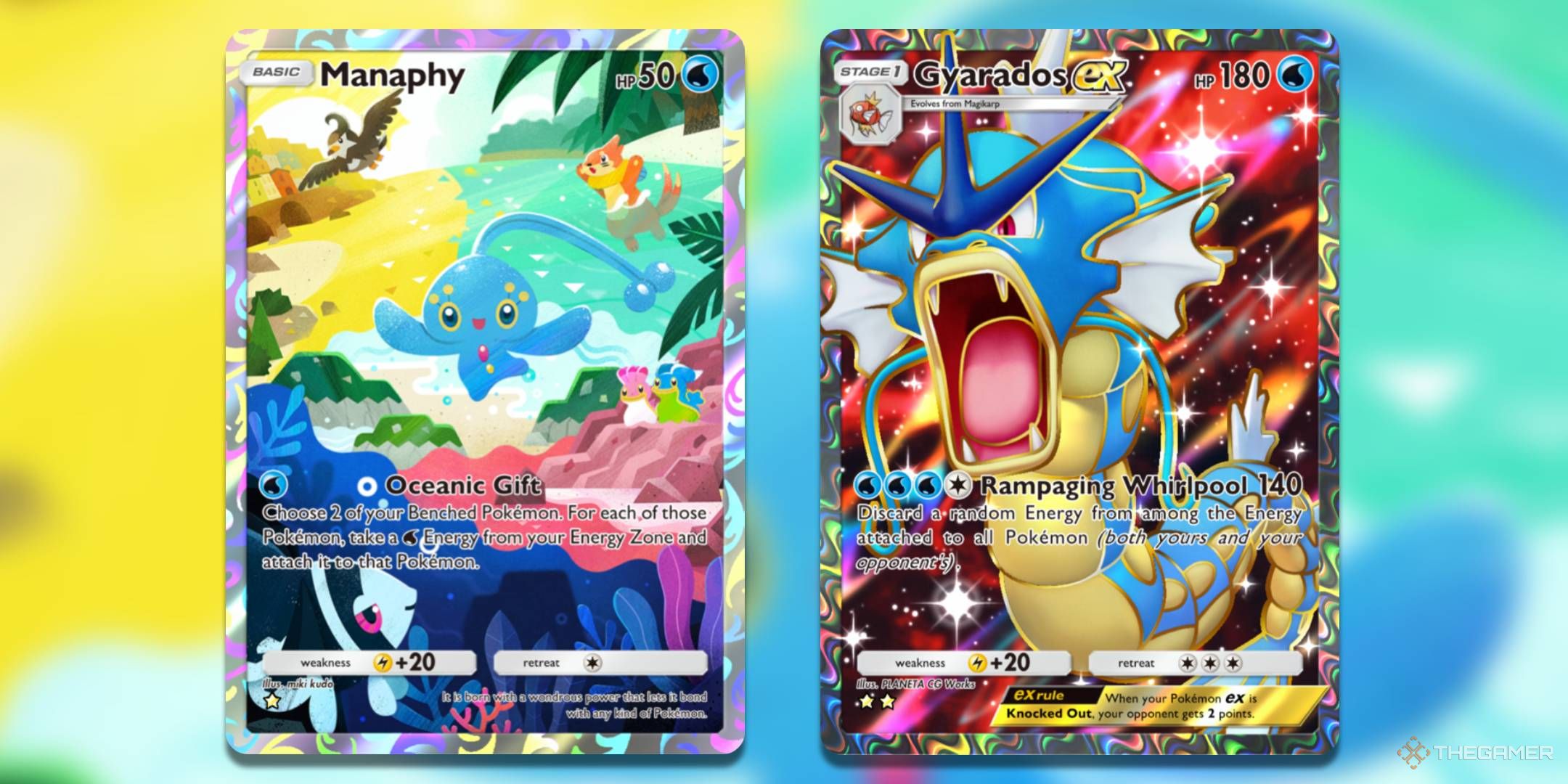 The Illustration Rare Manaphy, from Space-Time Smackdown, and the Super Rare Gyarados ex from Mythical Island in Pokemon TCG Pocket.