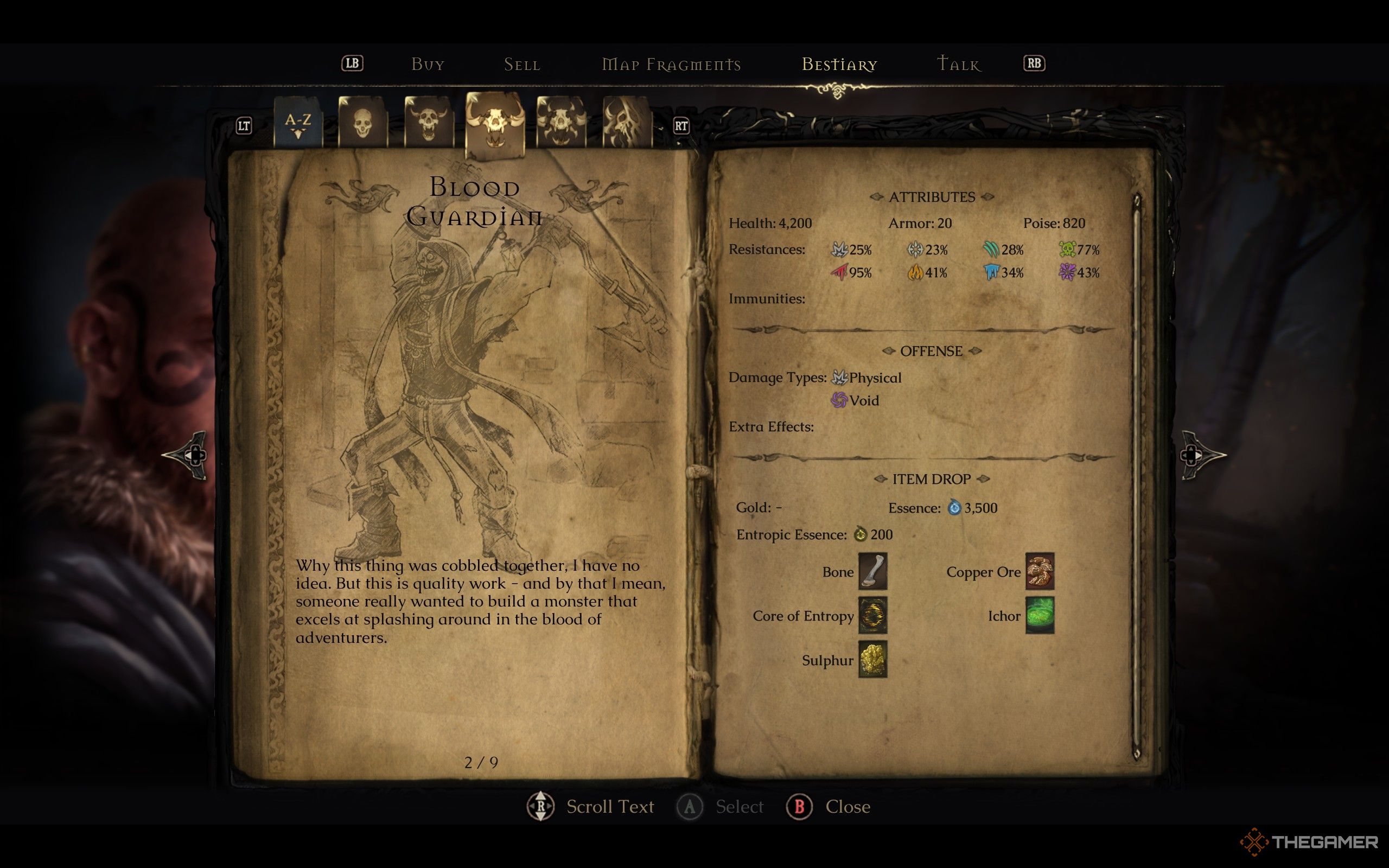 Mandragora's Blood Guardian in Gerald's bestiary with attributes, damage type, and item drops.