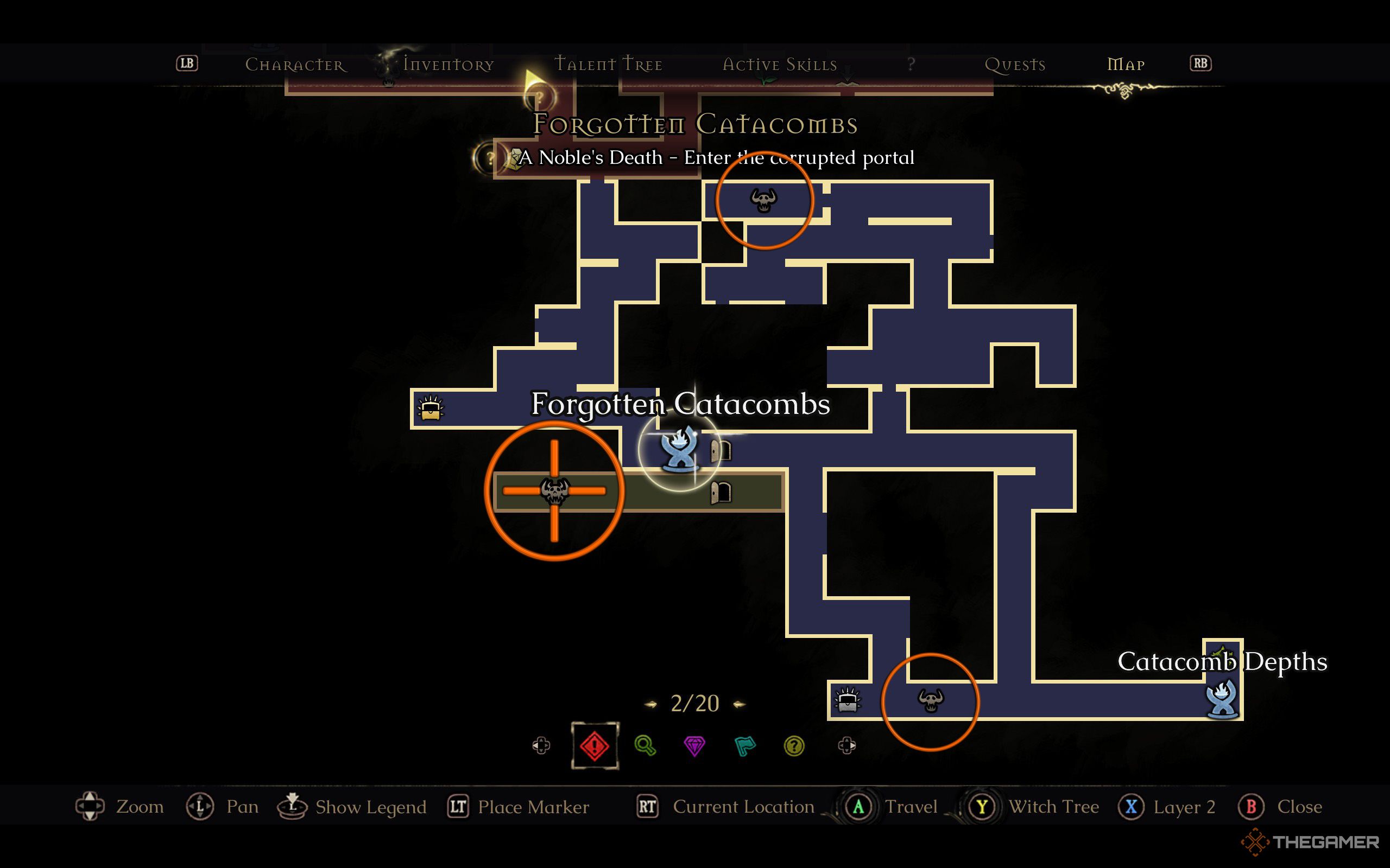 The locations of the two guardians marked with smaller circles, while the location of the Necromancer in Mandragora is marked with a bigger circle.