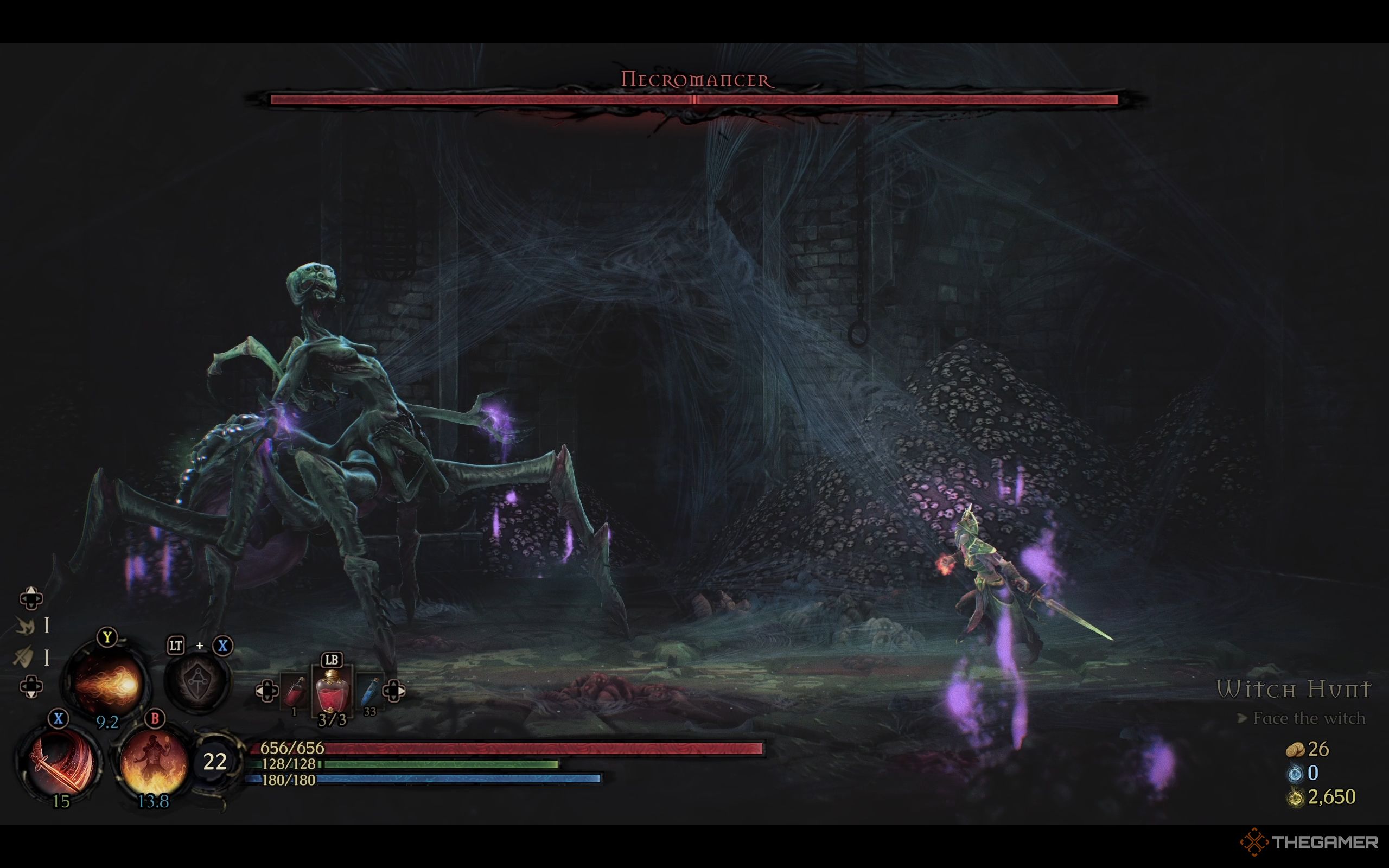 The player charges into the Necromancer in Mandragora.