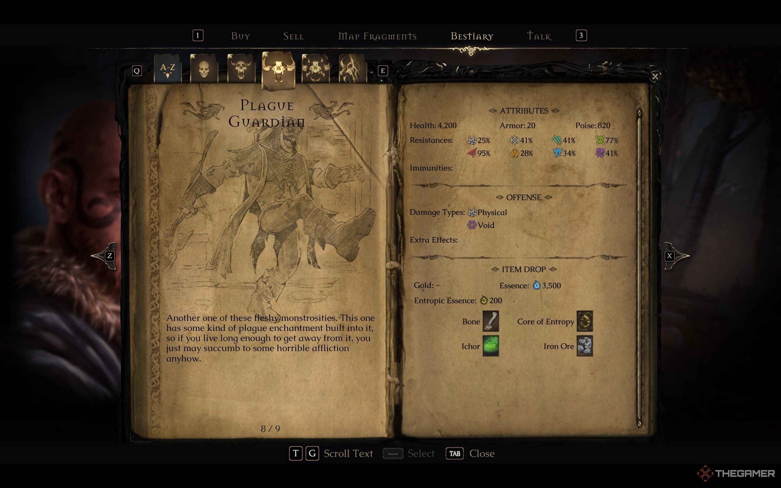 Mandragora's Plague Guardian in Gerald's bestiary with attributes, damage type, and item drops.