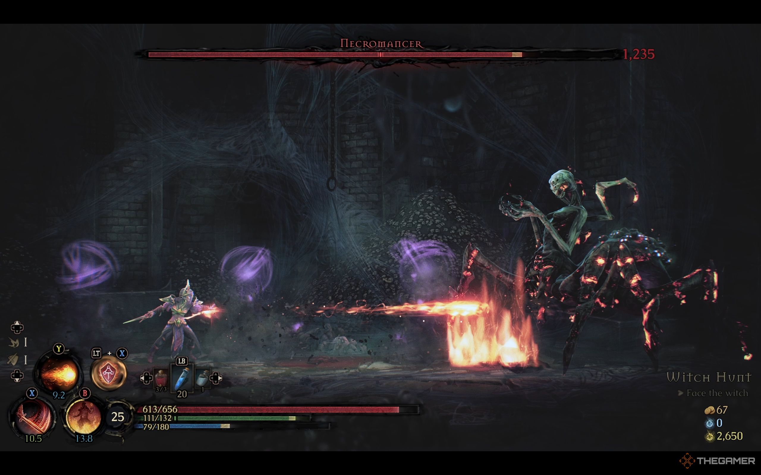 The player shoots fire at the Necromancer in Mandragora.