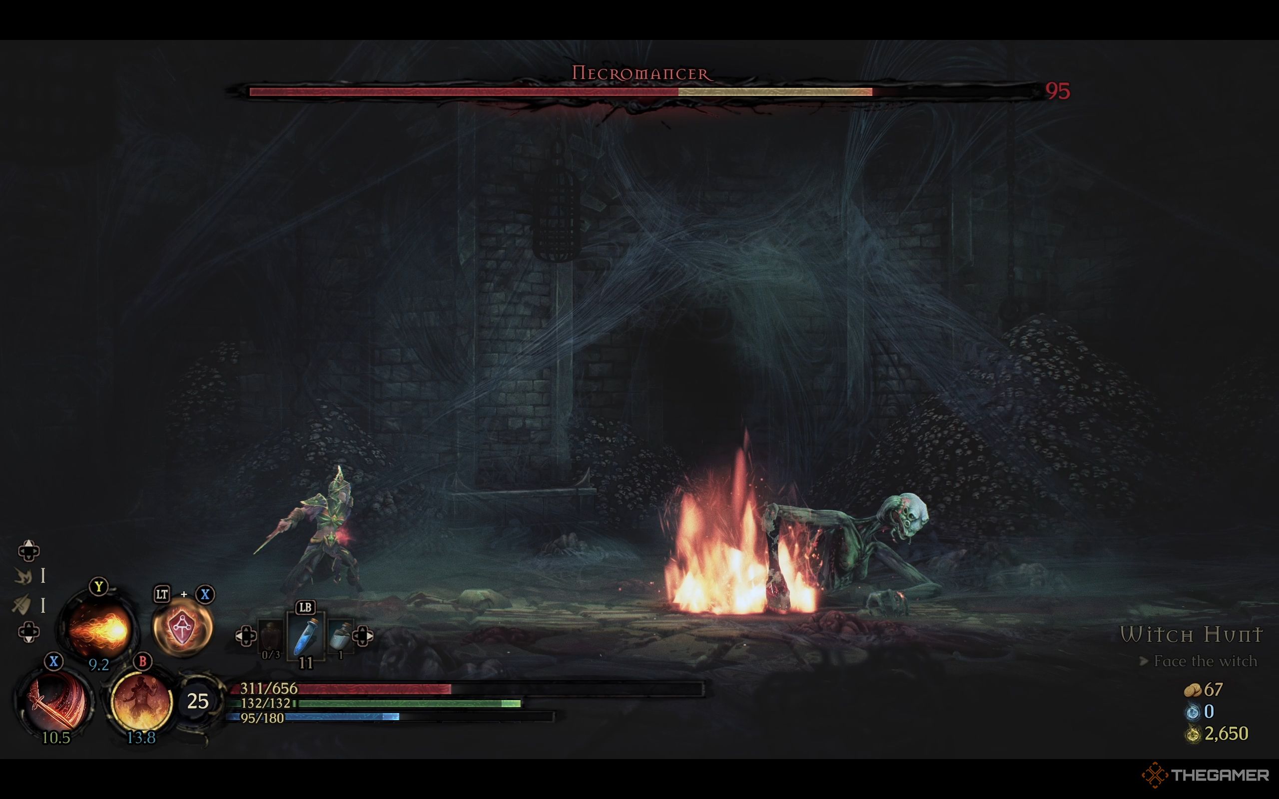 The Necromancer's upper body is crawling away from the player in Mandragora.