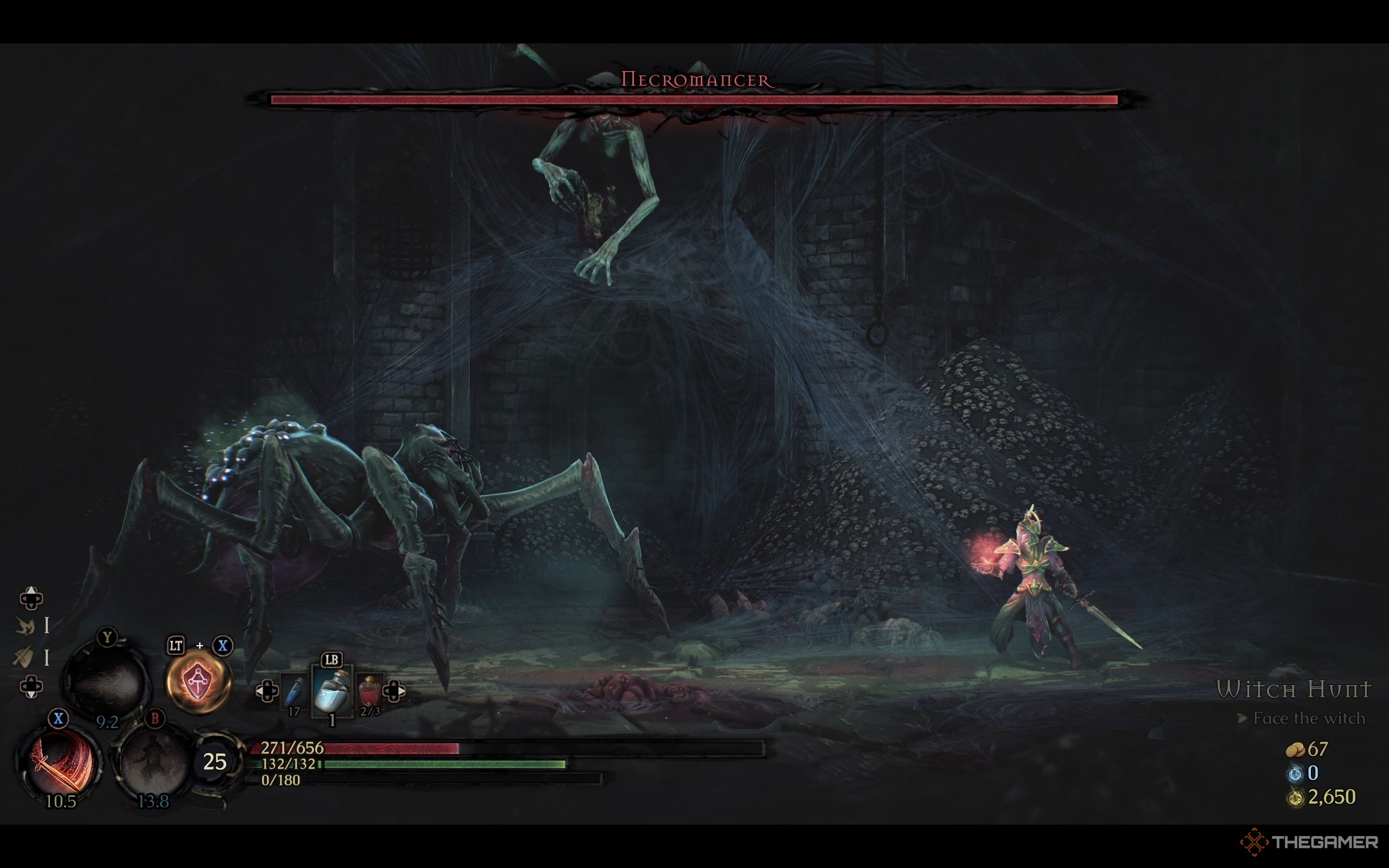 The Necromancer splits into two, its upper body hangs on the ceiling while its lower body crawls on the ground in Mandragora.