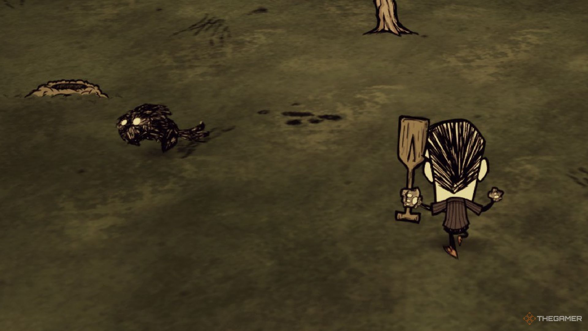Maxwell chasing a shadow Rabbit in Don't Starve Together.
