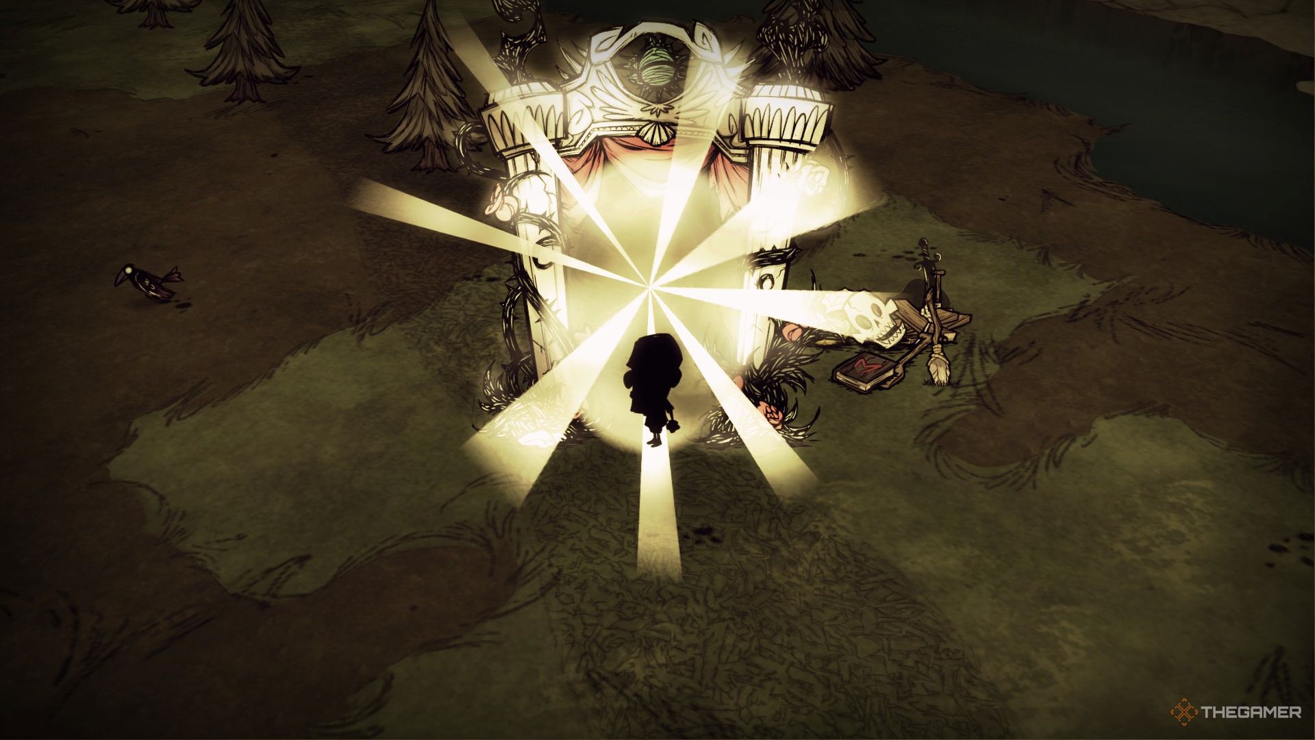 Maxwell coming out of the archway in Don't Starve Together.