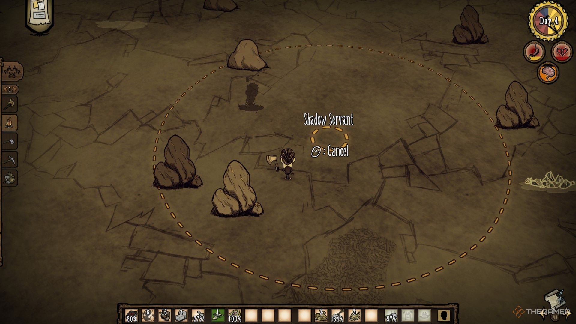 Maxwell placing a servant in Don't Starve Together.