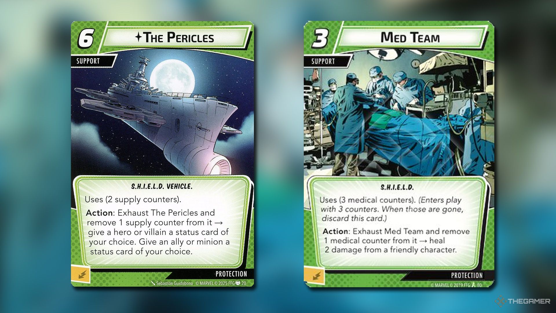 Med Team and The Pericle cards from Marvel Champions.