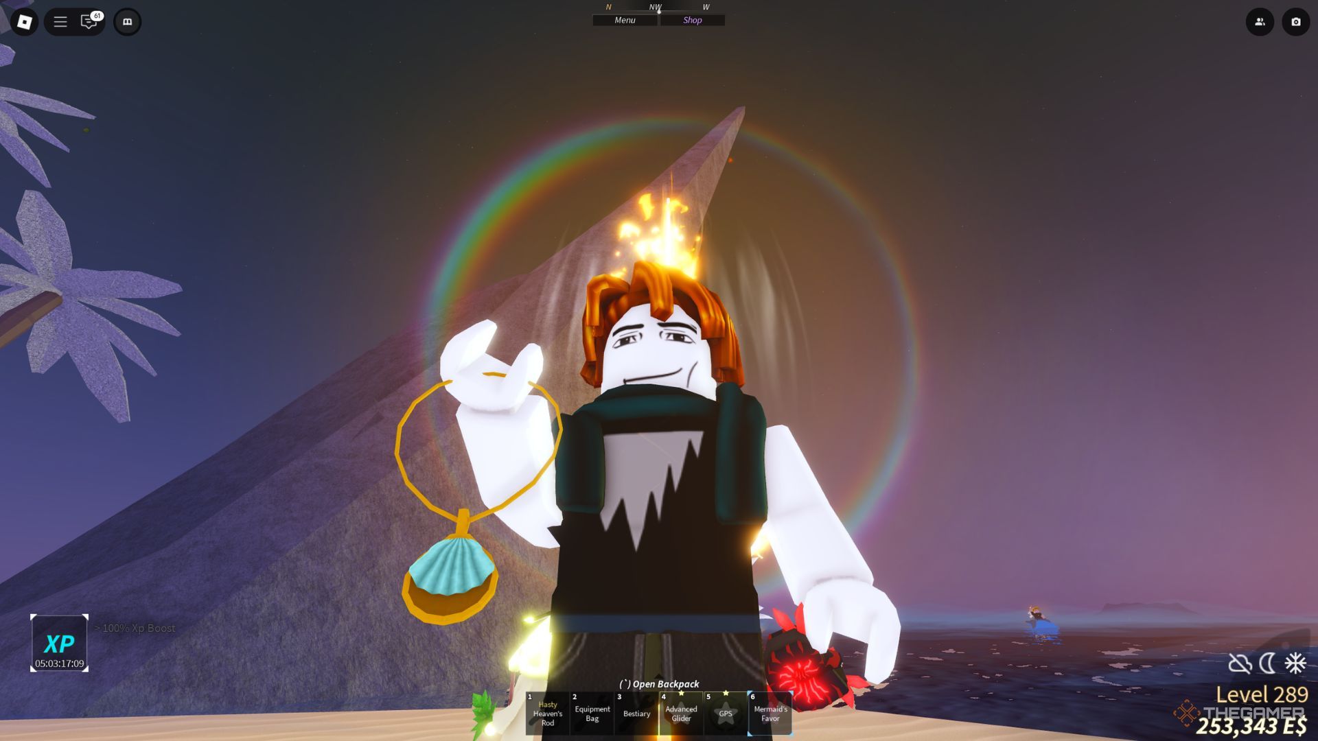 The player character holds a Mermaid's Favor with his hand in the Isle of New Beginnings in Fisch.
