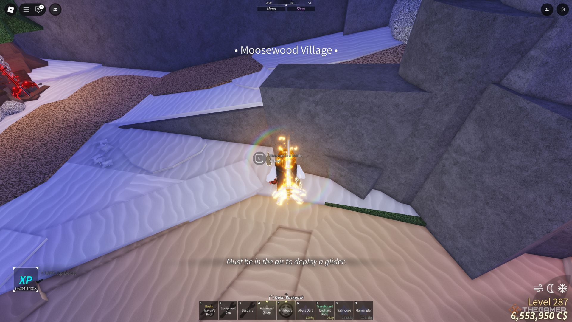 The player character shows a bottle with the message in the Moosewood area in Fisch.