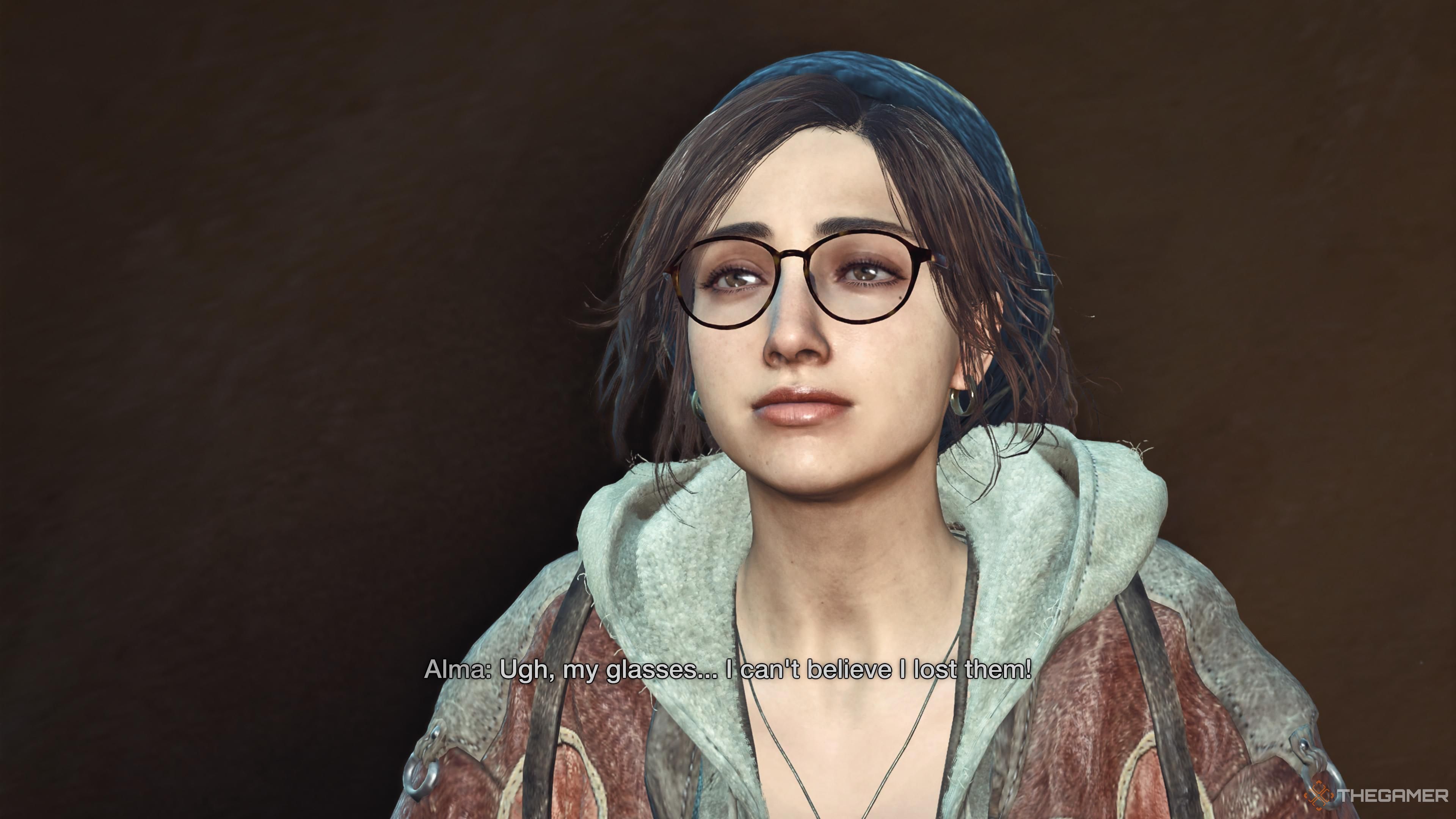Alma upset about her lost glasses in Monster Hunter Wilds.