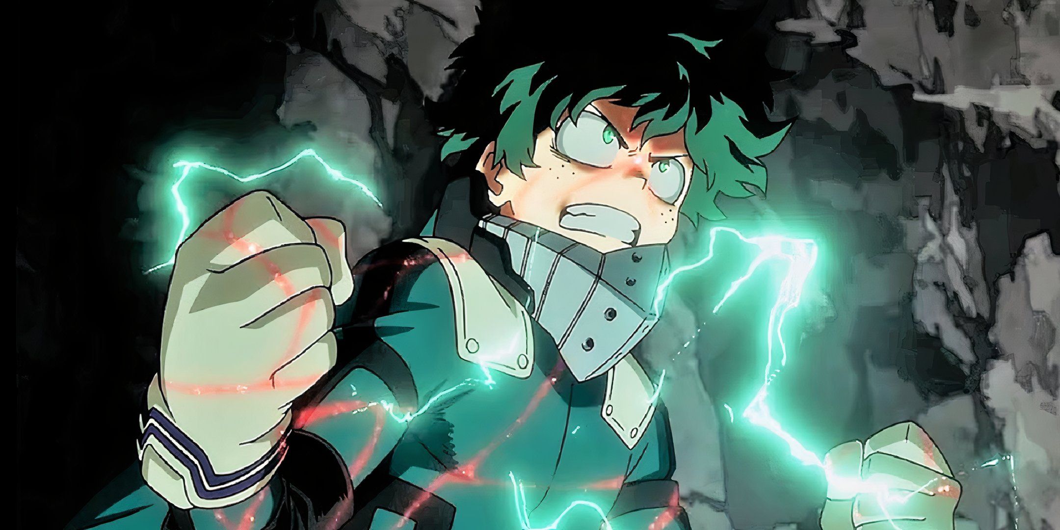Midoriya transforming into his Full Cowling form in My Hero Academia.