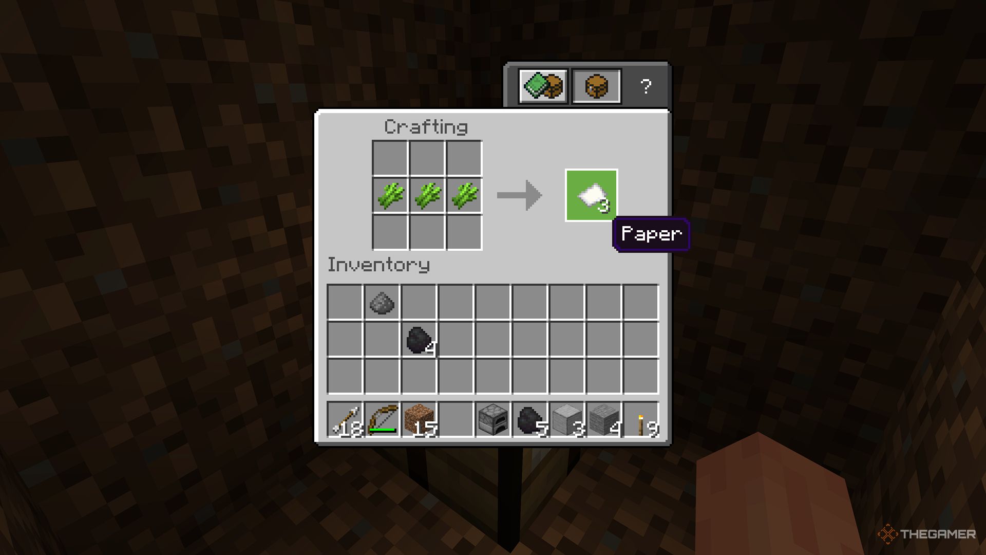 Minecraft screenshot of paper being crafted.