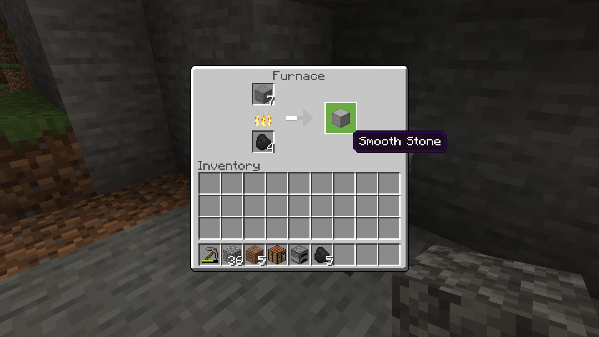 Minecraft screenshot of stone smelting in an furnace, creating smooth stone