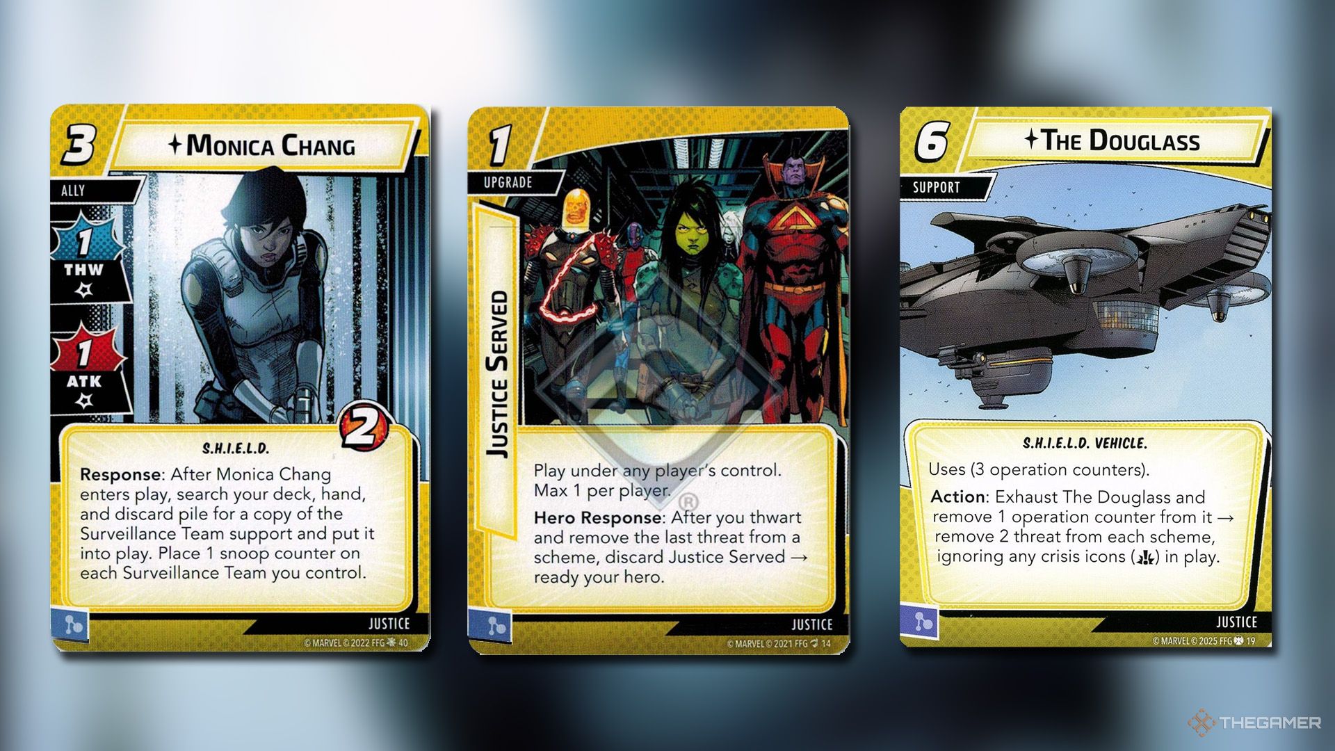 Monica Chang, Justice Served and The Douglass cards from Marvel Champions.