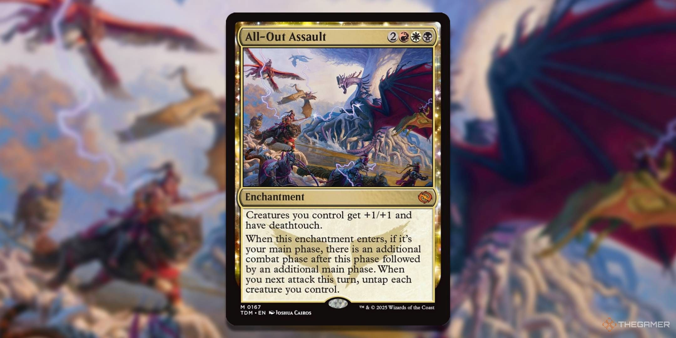 MTG All-Out Assault card with the art in the background.