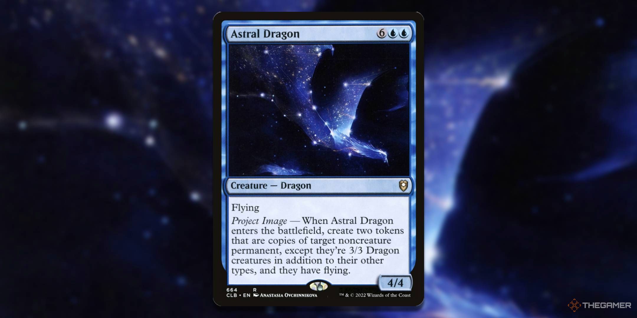 MTG Astral Dragon card with the art in the background.
