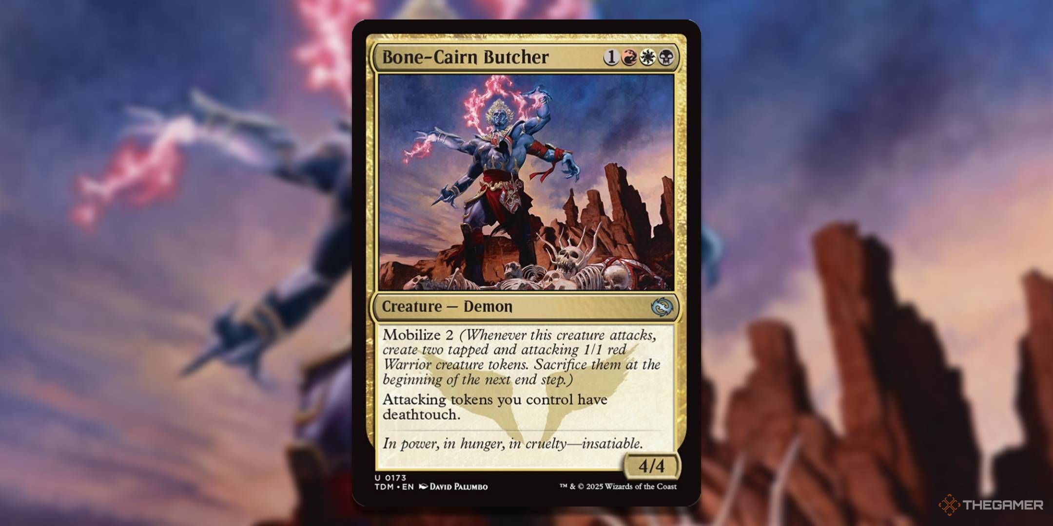 MTG Bone-Cairn Butcher card with the art in the background.
