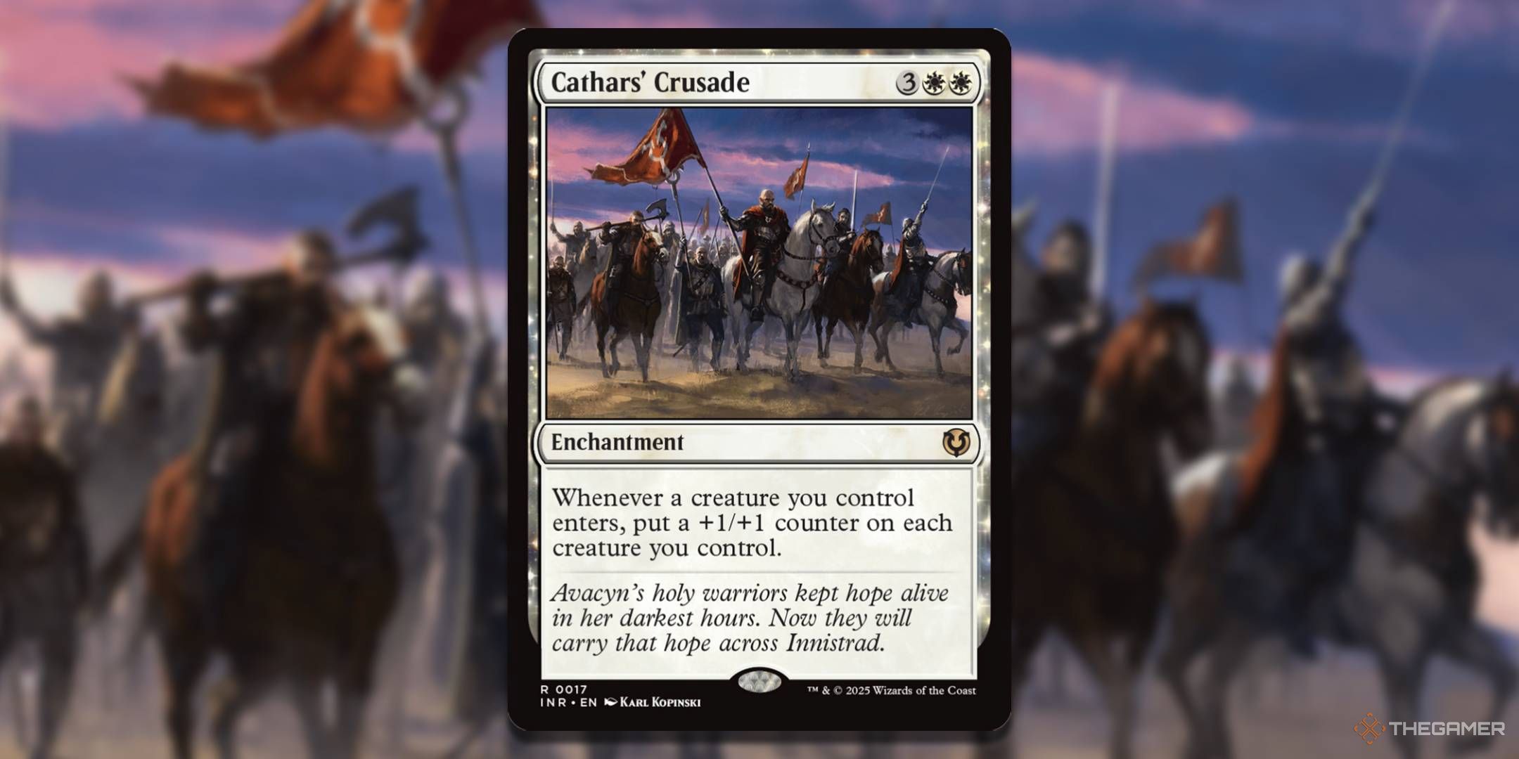 MTG Cathars' Crusade card with the art in the background.