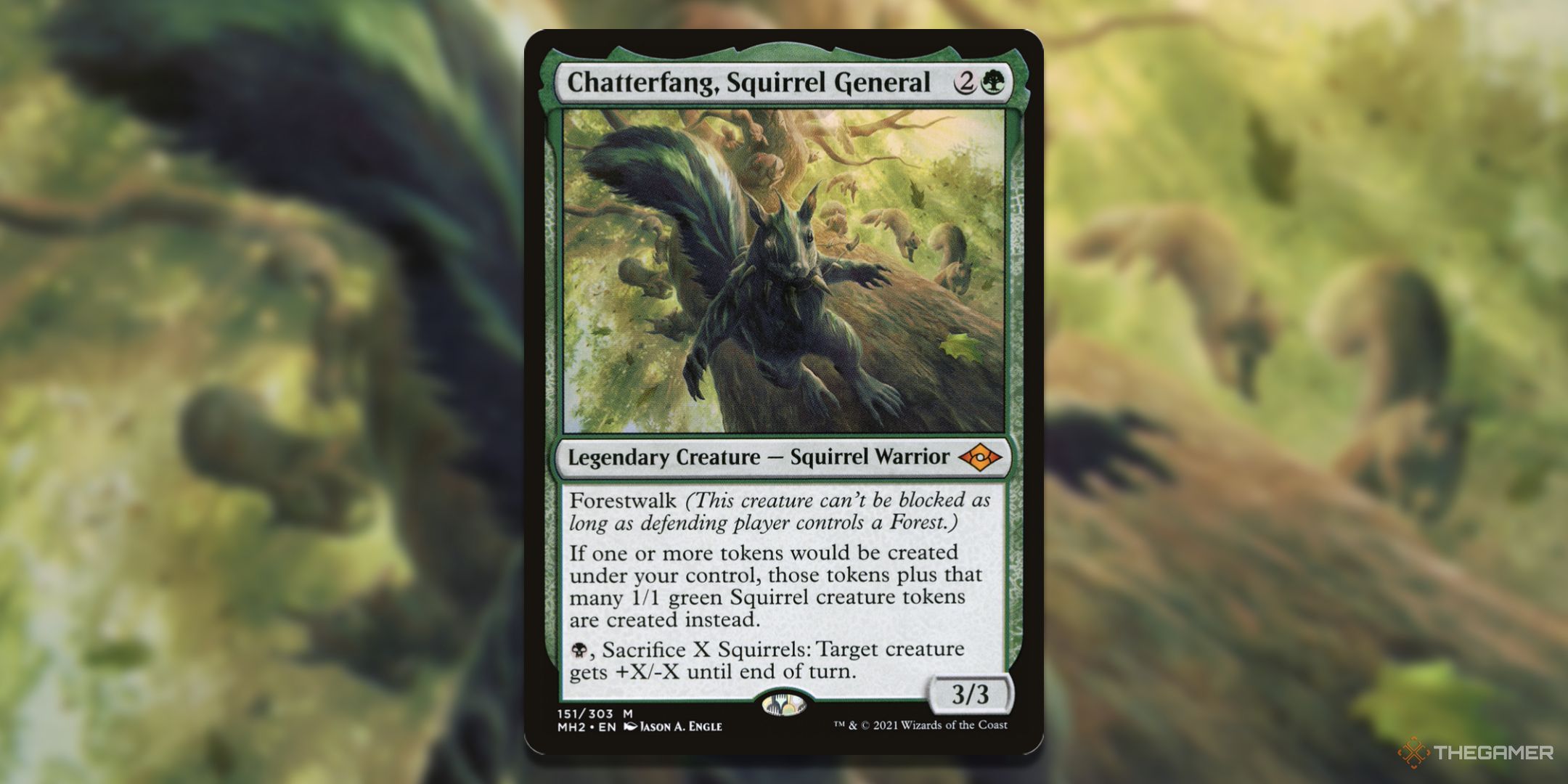 MTG Chatterfang Squirrel General card with the art in the background.