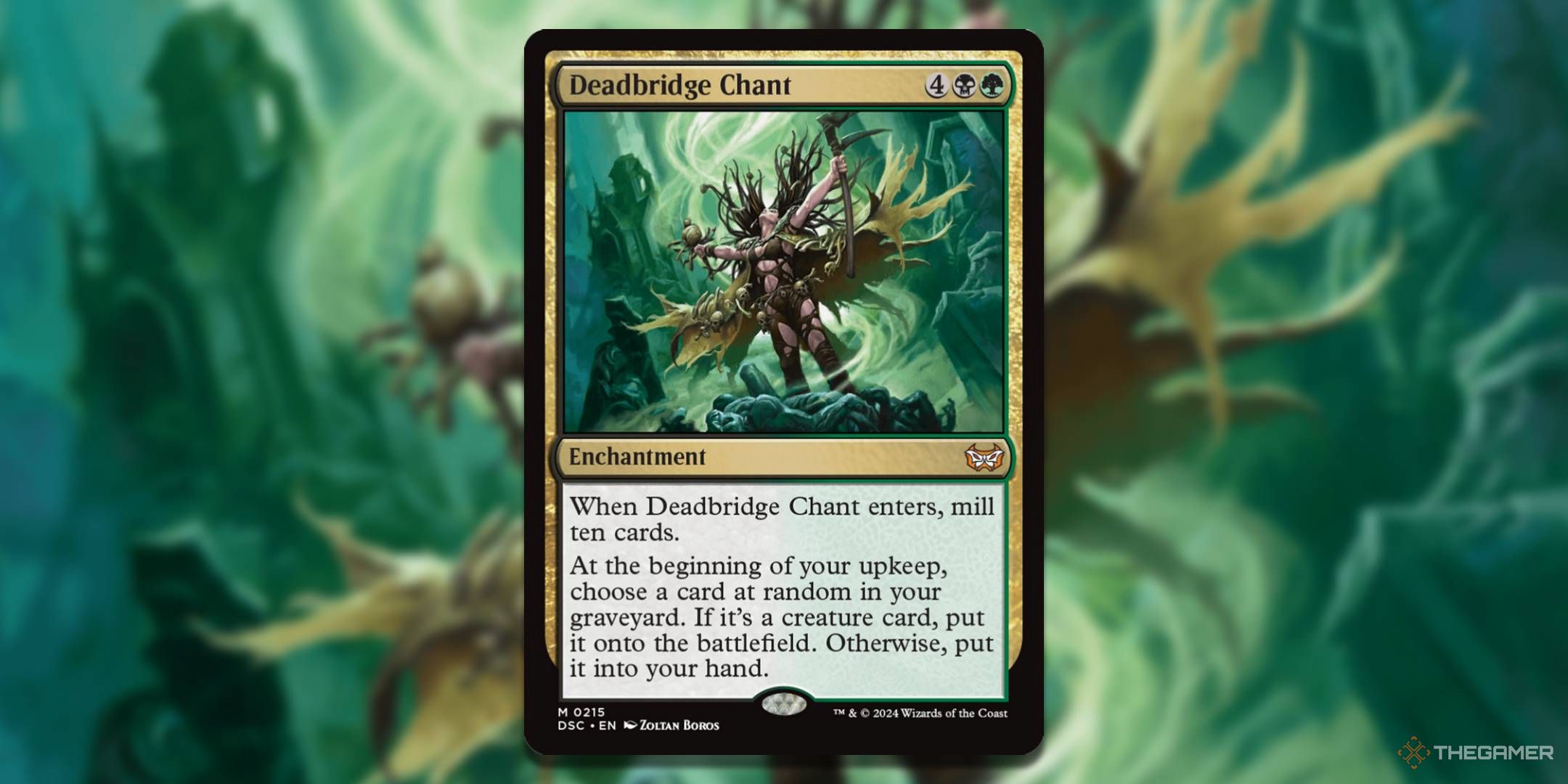 MTG Deadbridge Chant card with the art in the background.