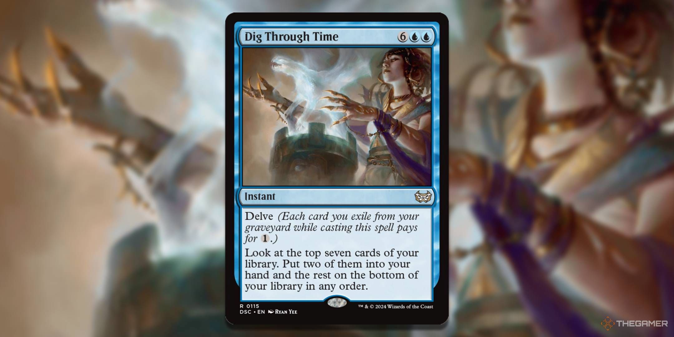 MTG Dig Through Time card with the art in the background.