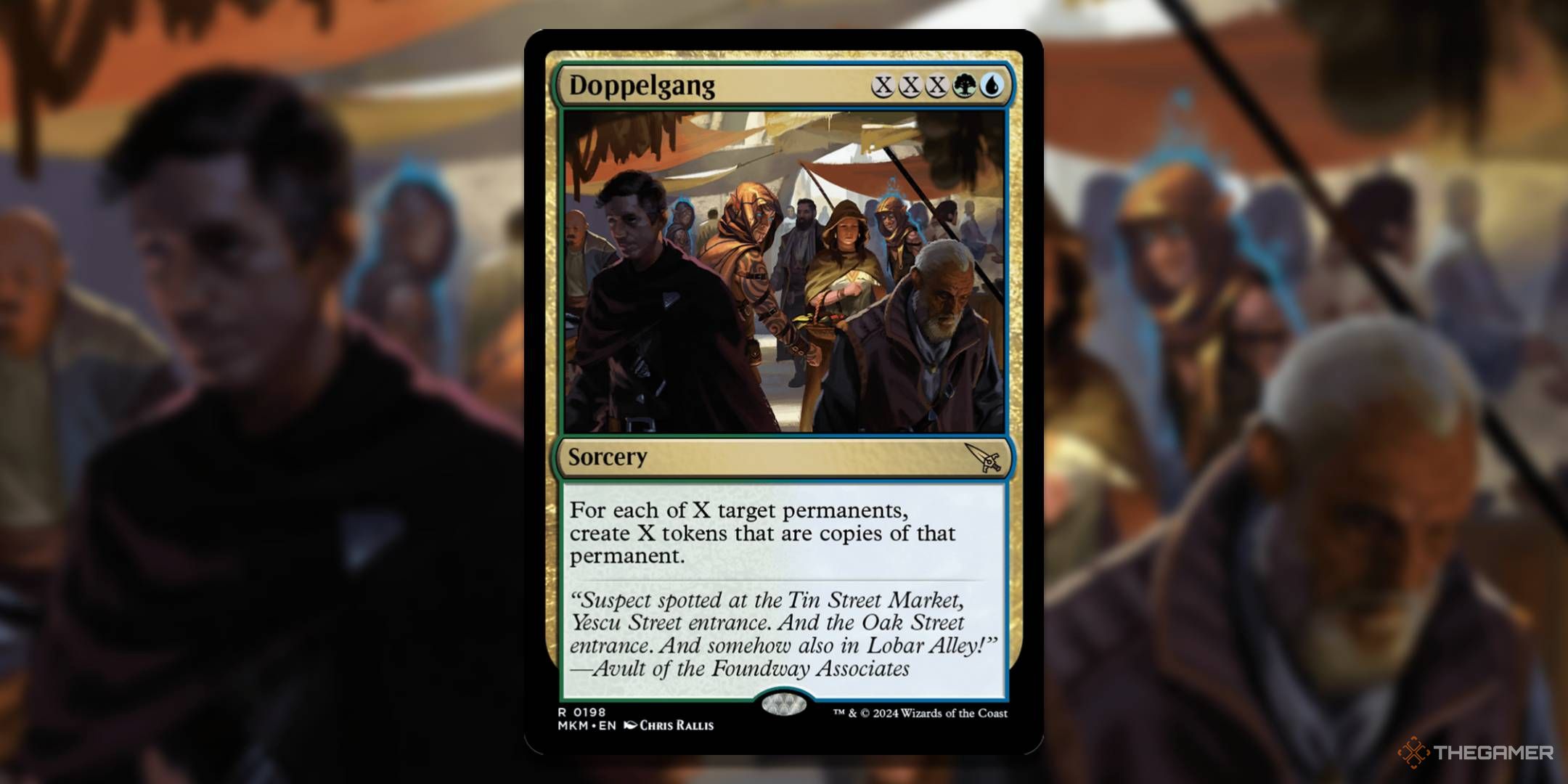 MTG Doppelgang card with the art in the background.