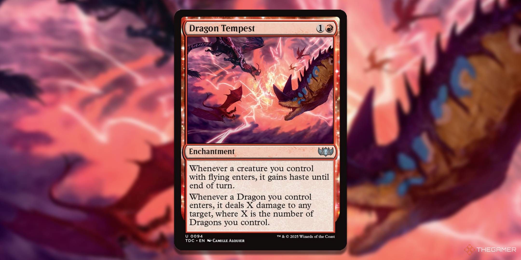 MTG Dragon Tempest card with the art in the background.