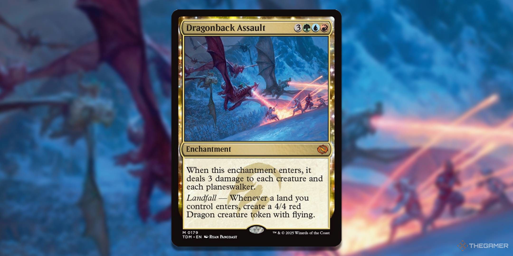 MTG Dragonback Assault card with the art in the background.