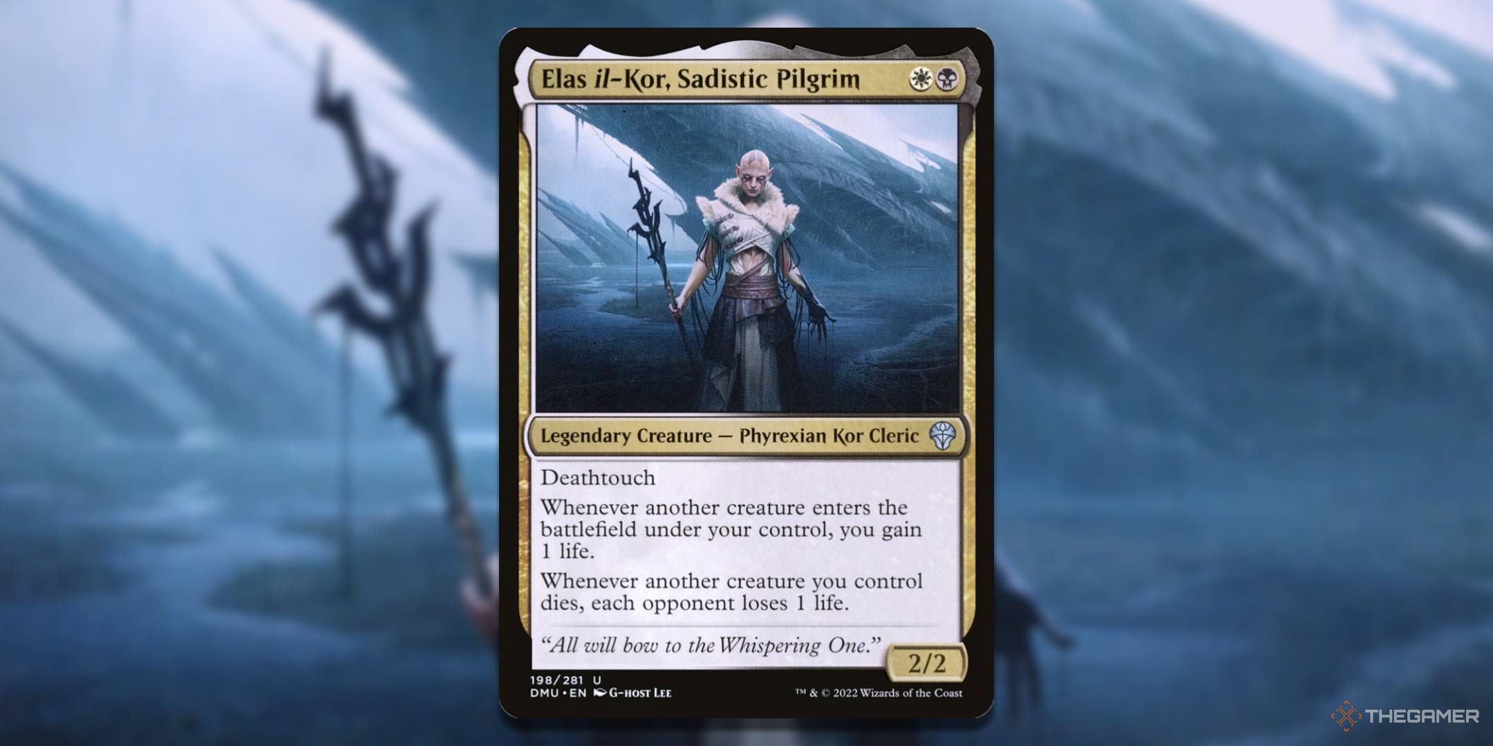 MTG Elas il-Kor, Sadistic Pilgrim card with the art in the background.