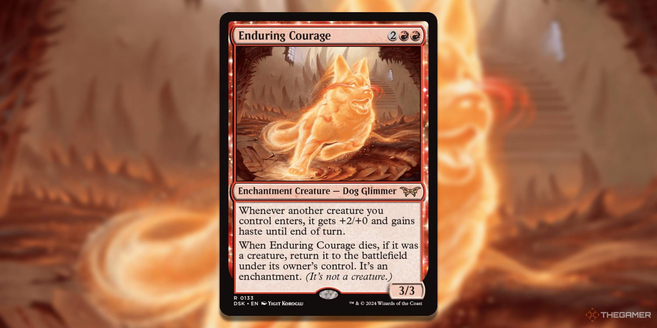 MTG Enduring Courage card with the art in the background.